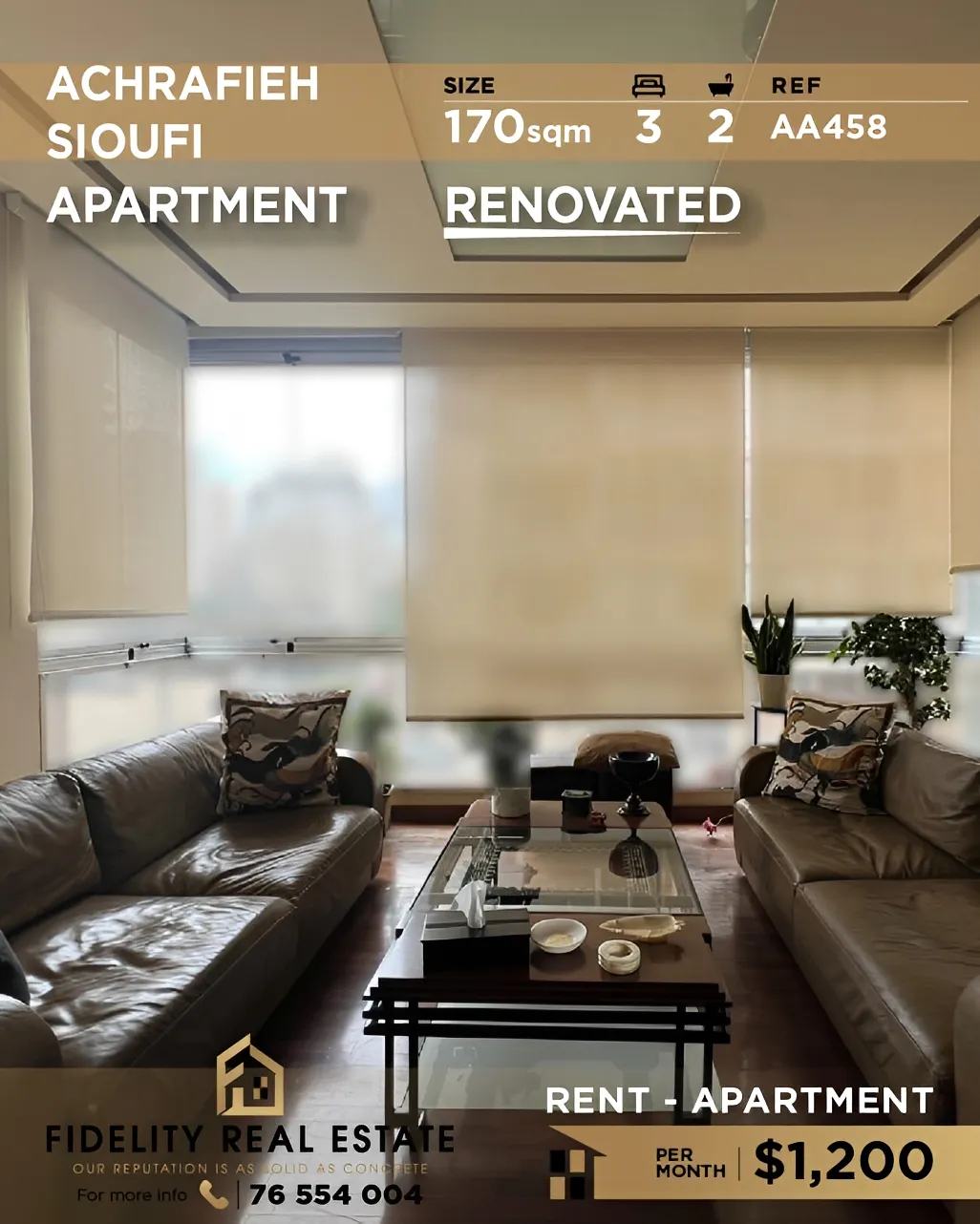 Apartment for rent in Achrafieh, Beirut, Lebanon - 3 bed, 2 bath
