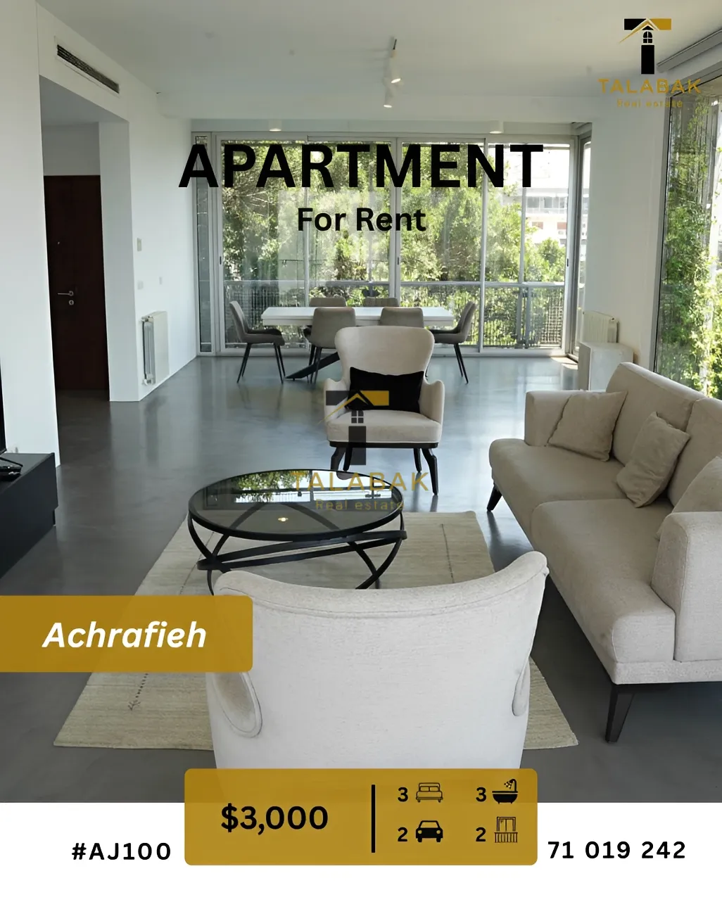 Apartment for rent in Achrafieh, Beirut, Lebanon - 3 bed, 3 bath