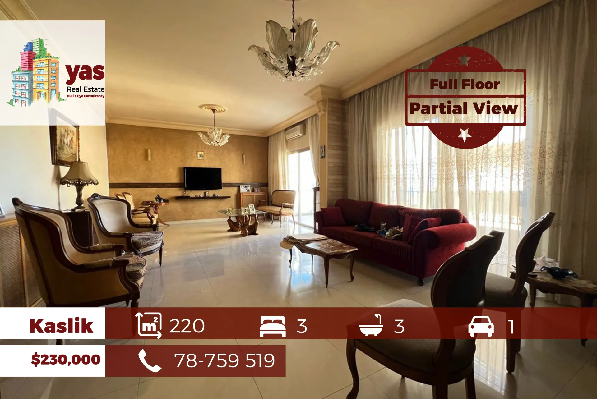 Apartment for Sale in Kaslik - 3 bed, 3 bath