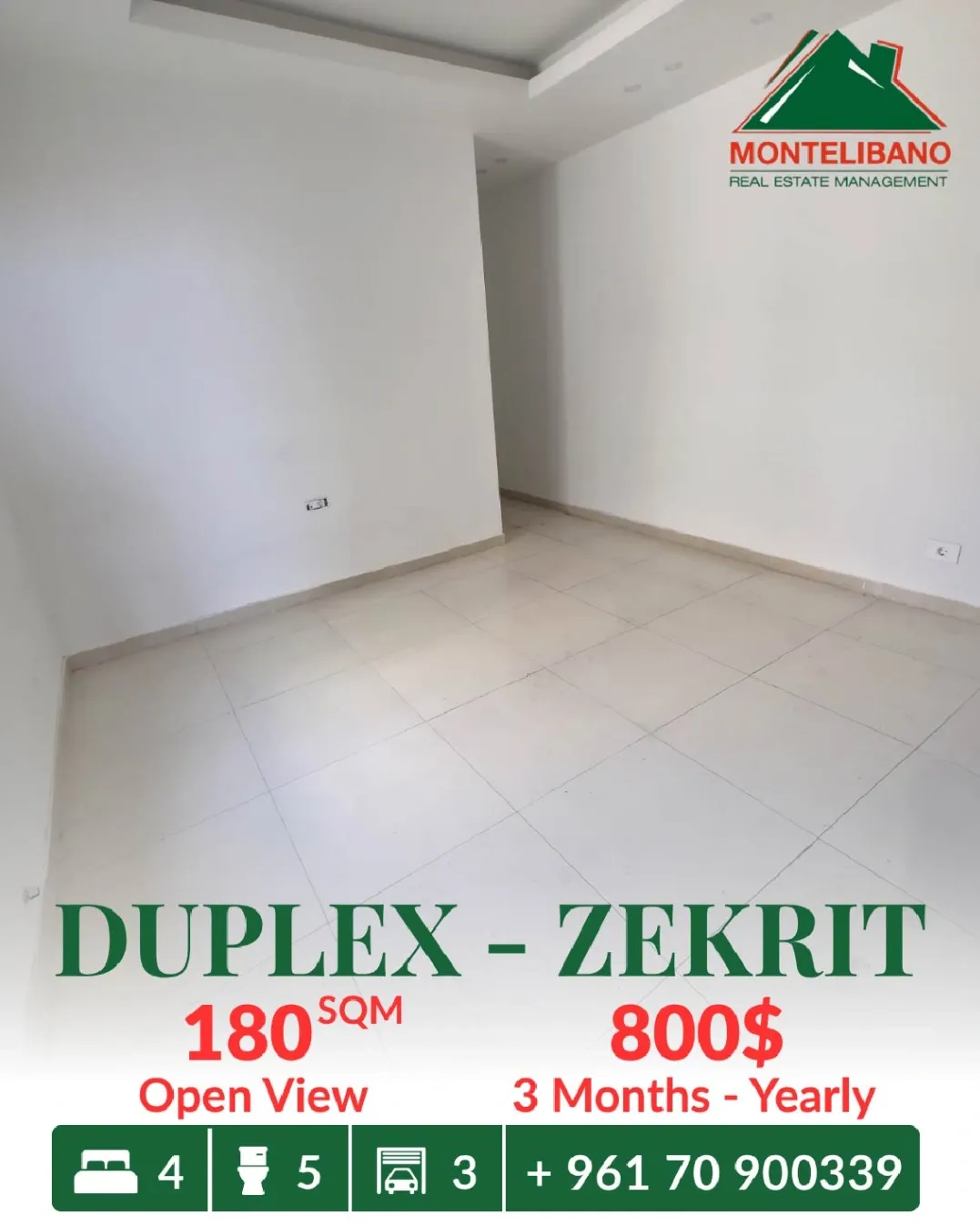 Duplex for rent in Zikrit, Lebanon