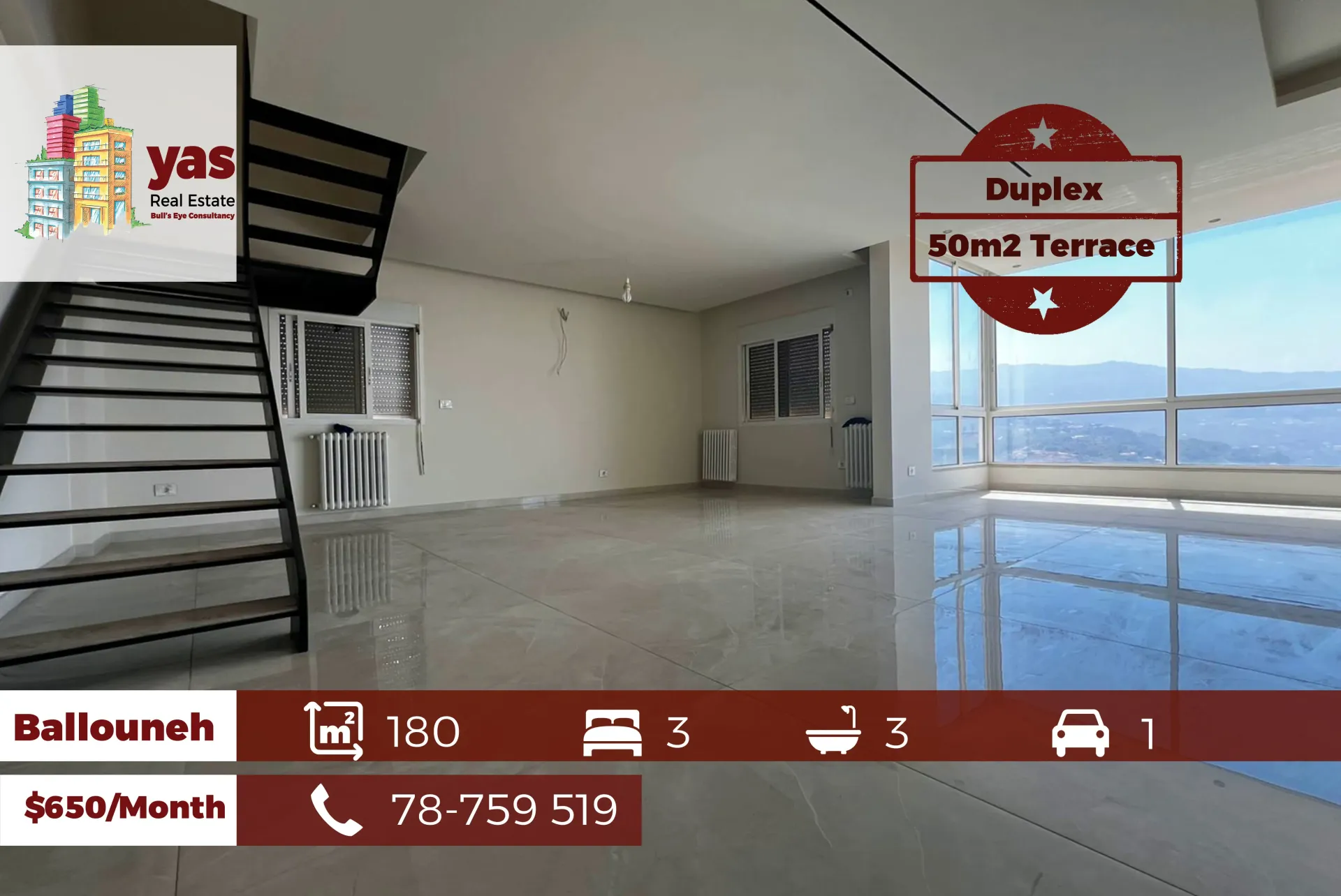 Apartment for Rent in Ballouneh - 3 bed, 3 bath