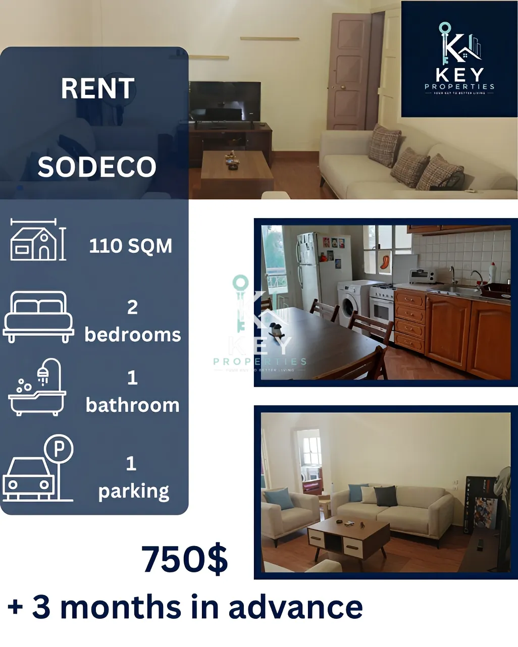 Apartment for rent in Sodeco, Beirut, Lebanon - 2 bed, 1 bath