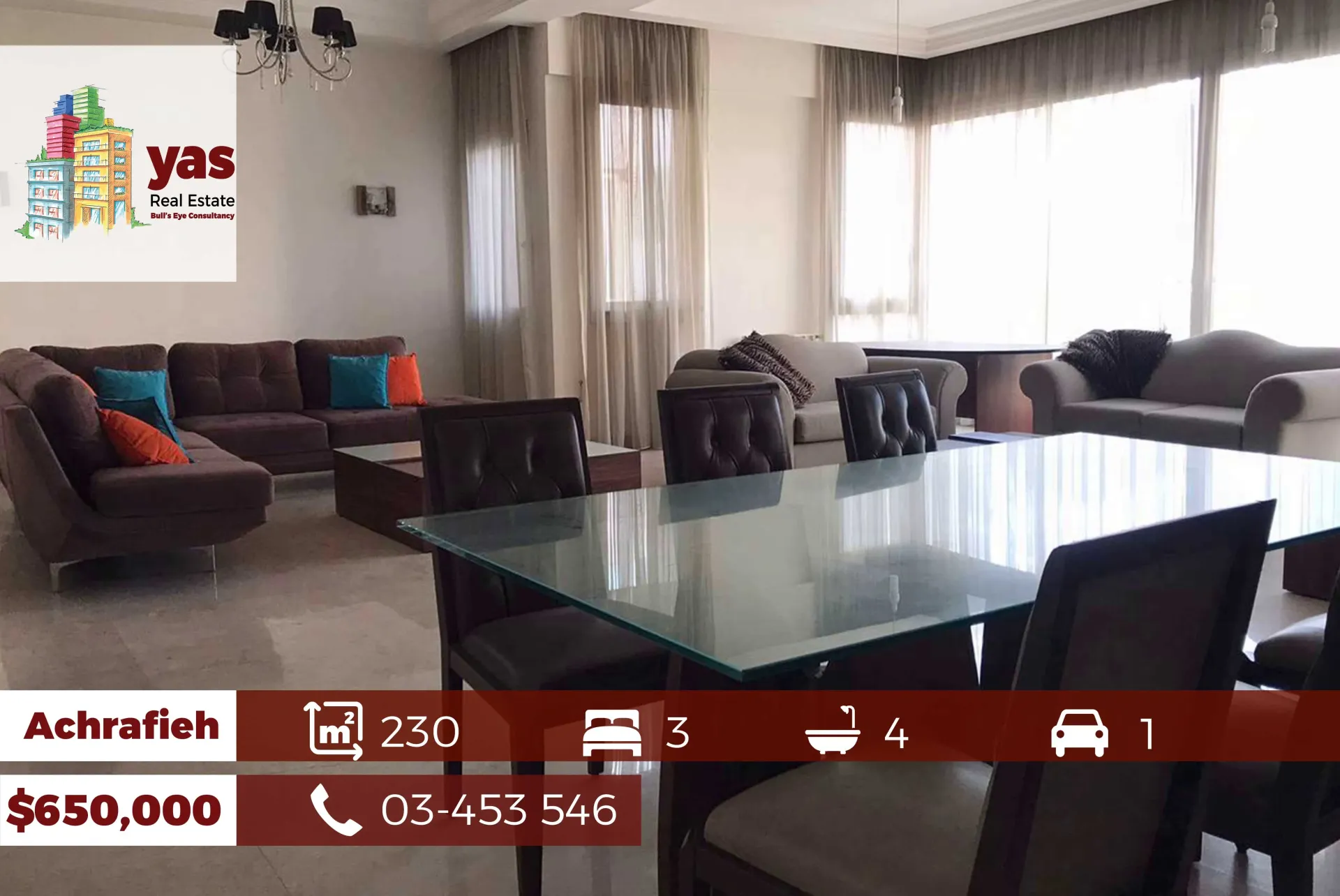 Apartment for Sale in Achrafieh - 3 bed, 4 bath