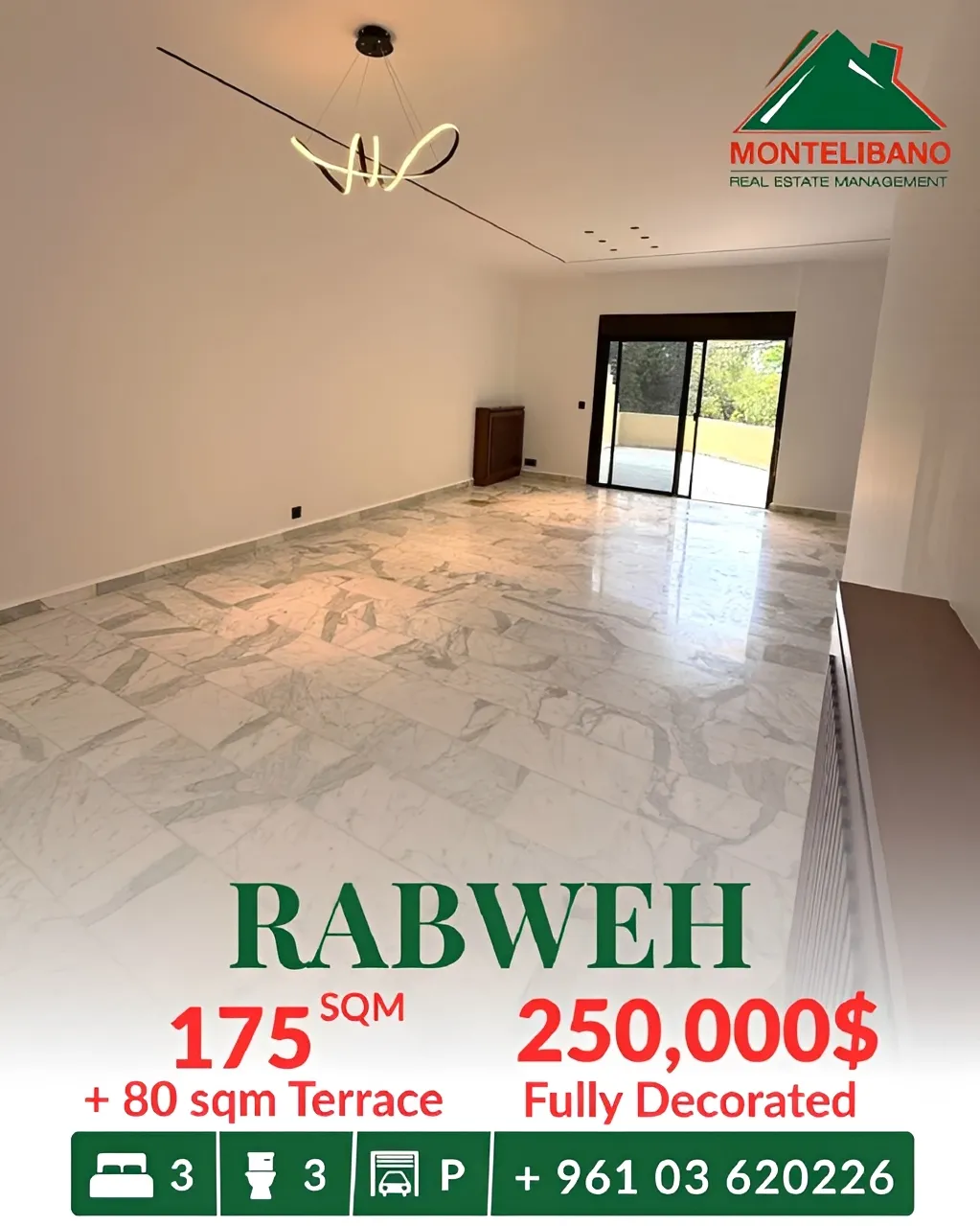 Apartment for sale in Rabweh, Bayrut, Lebanon - 3 bed, 3 bath