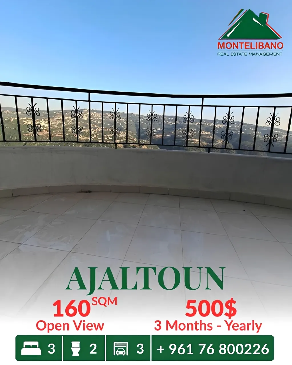 Apartment for rent in Ajaltoun