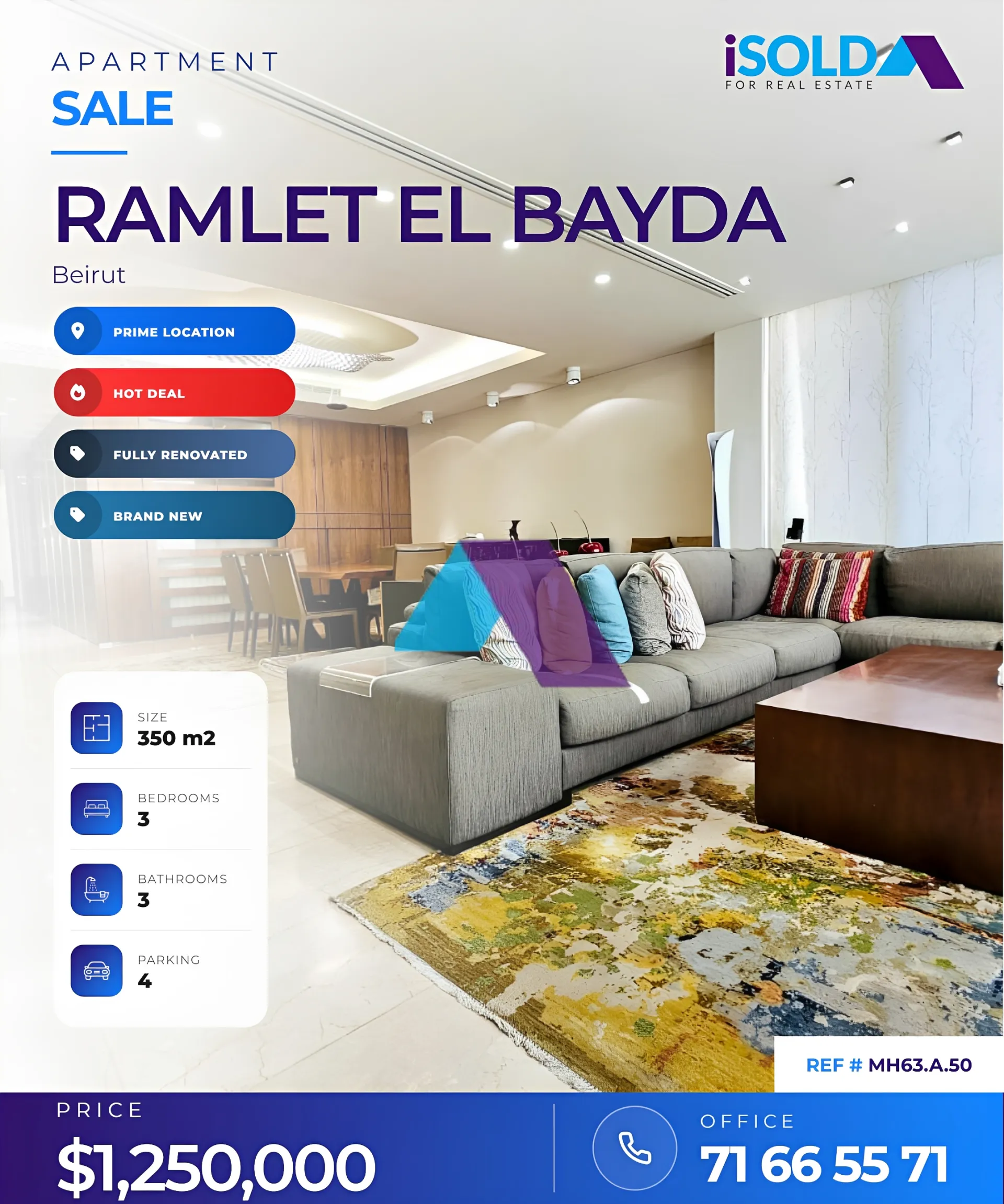 Apartment for sale in Ramlet El Baida, Beirut, Lebanon - 3 bed, 3 bath