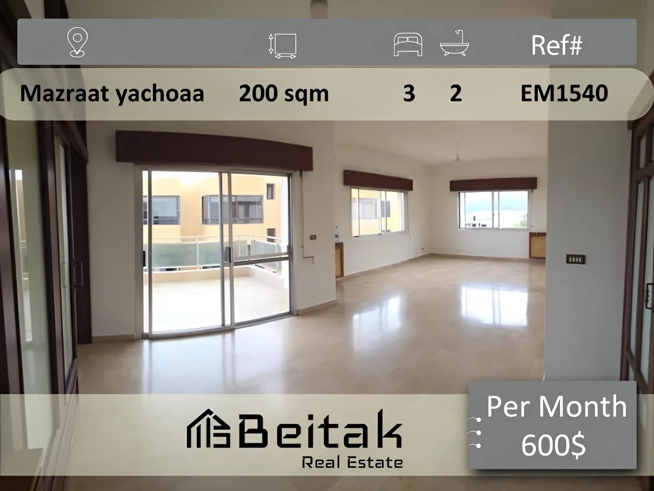 Apartment for rent in Mazraat Yachoua, Lebanon - 3 bed, 2 bath