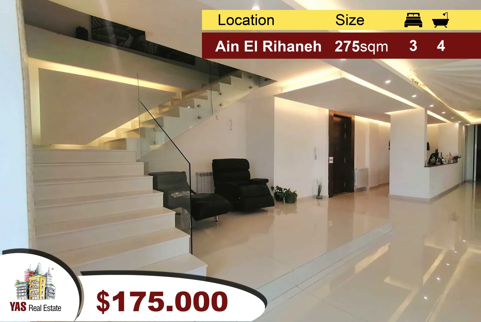 Apartment for Sale in Ain El Rihaneh - 3 bed, 4 bath