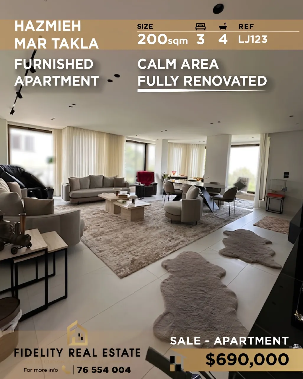 Apartment for sale in Mar Takla, Hazmieh - 3 bed, 4 bath