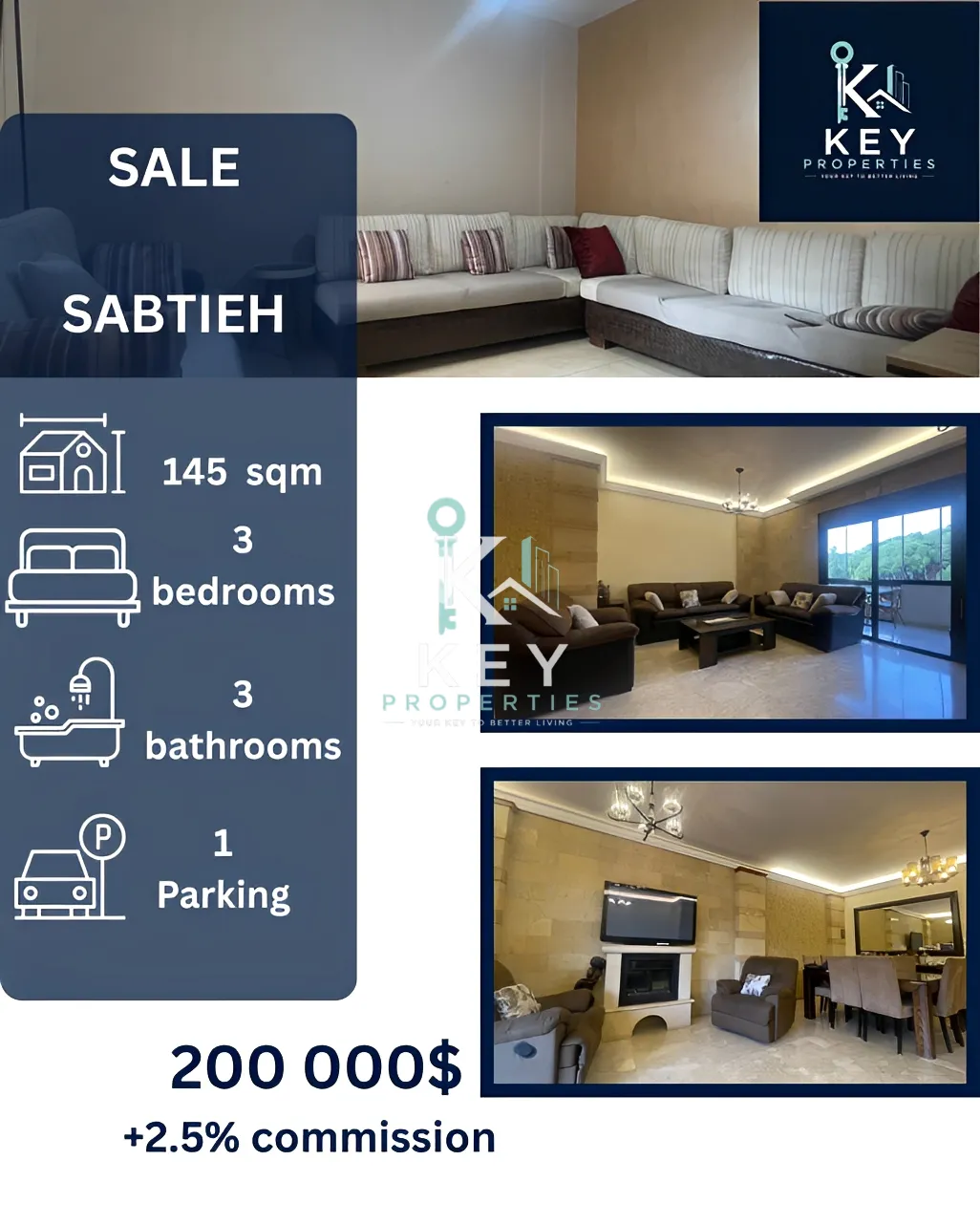 Apartment for sale in Sabtiyeh, Lebanon - 3 bed, 3 bath