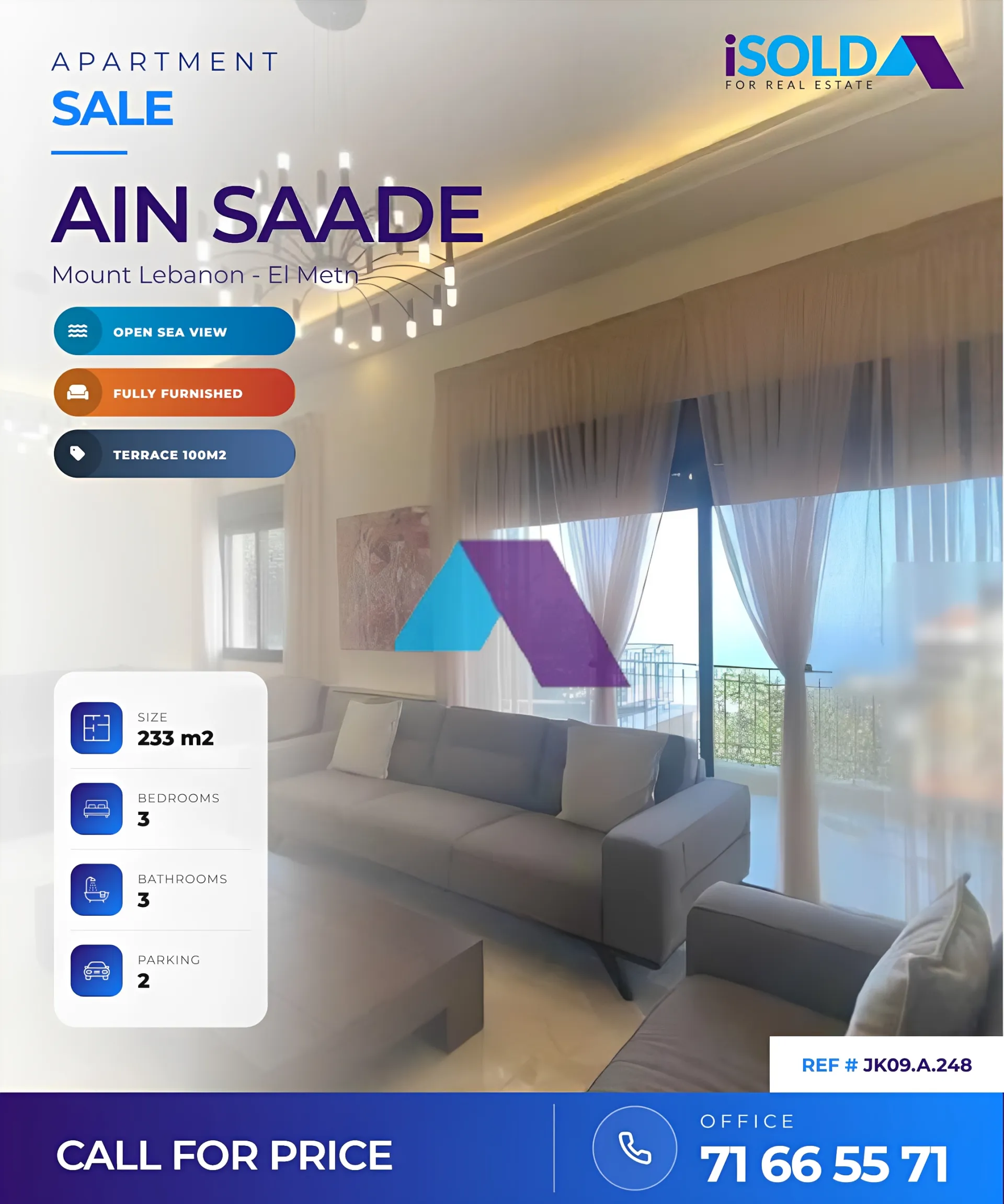 Apartment for Sale in Ain Saadeh - 3 bed, 3 bath