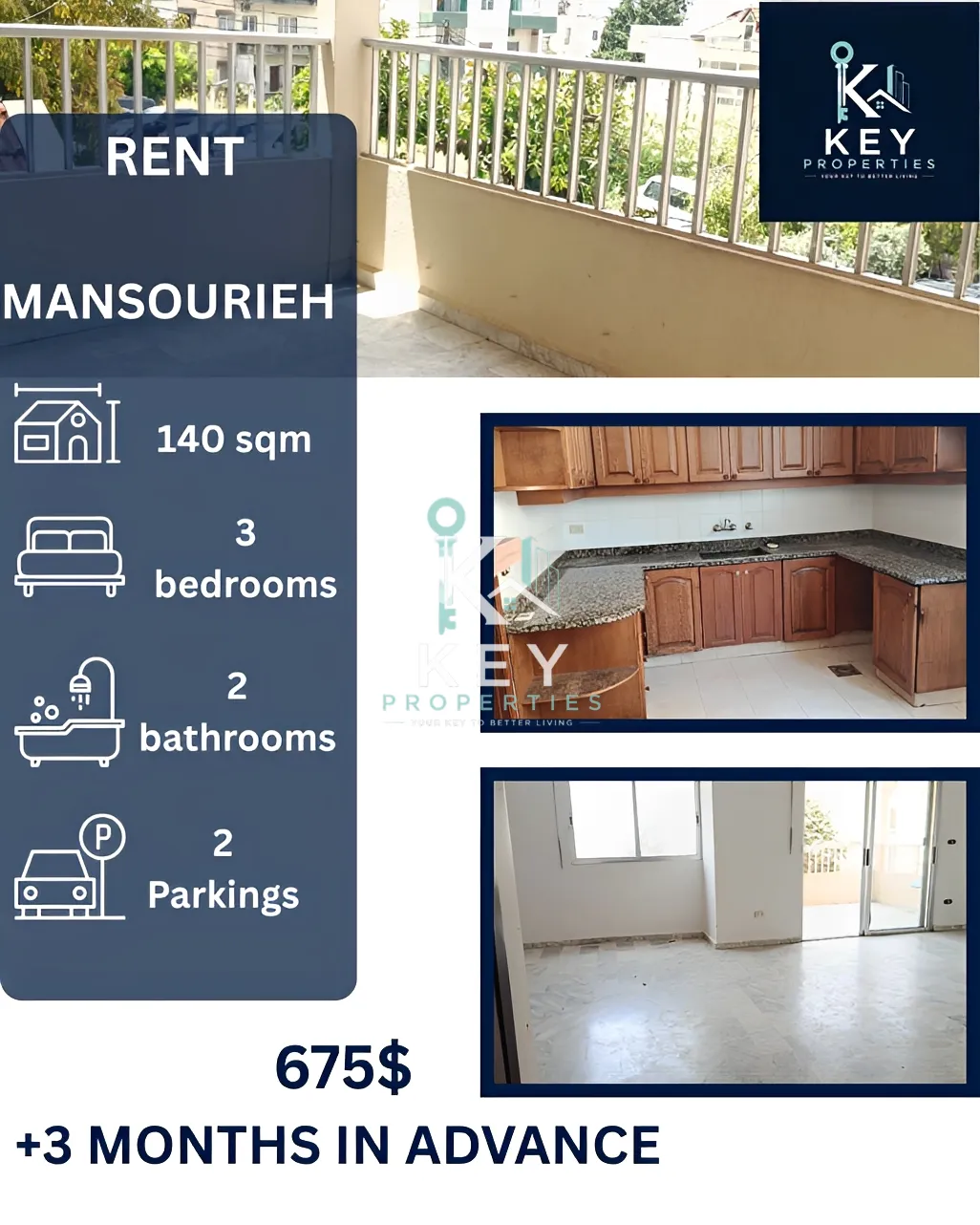Apartment for rent in Mansourieh, Lebanon - 3 bed, 2 bath