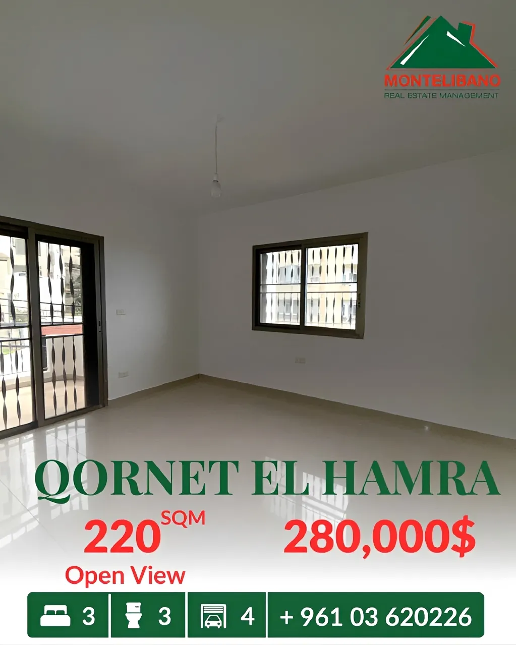 Apartment for sale in Qornet El Hamra, Lebanon - 3 bed, 3 bath