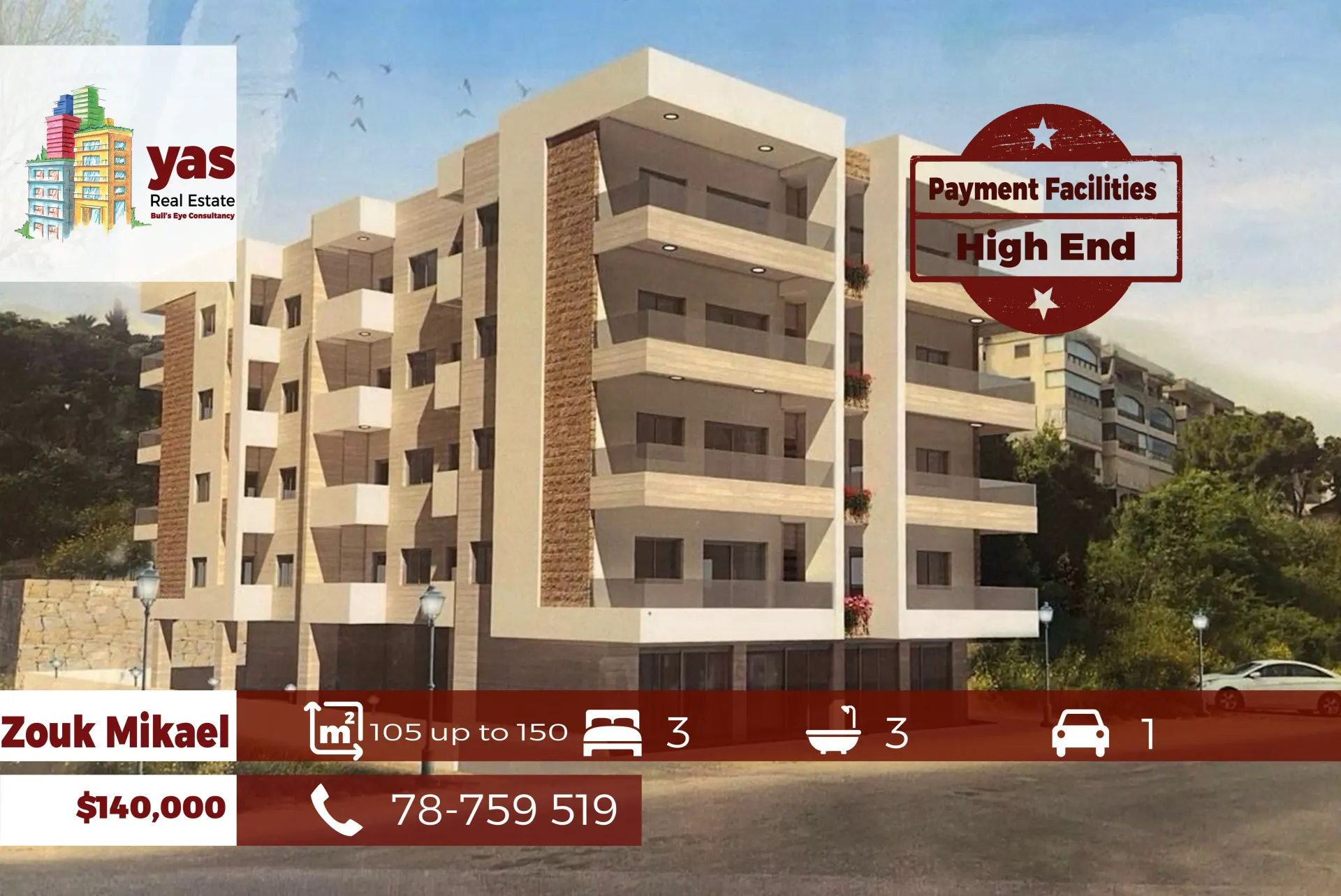 Apartment for Sale in Zouk Mikael - 3 bed, 3 bath
