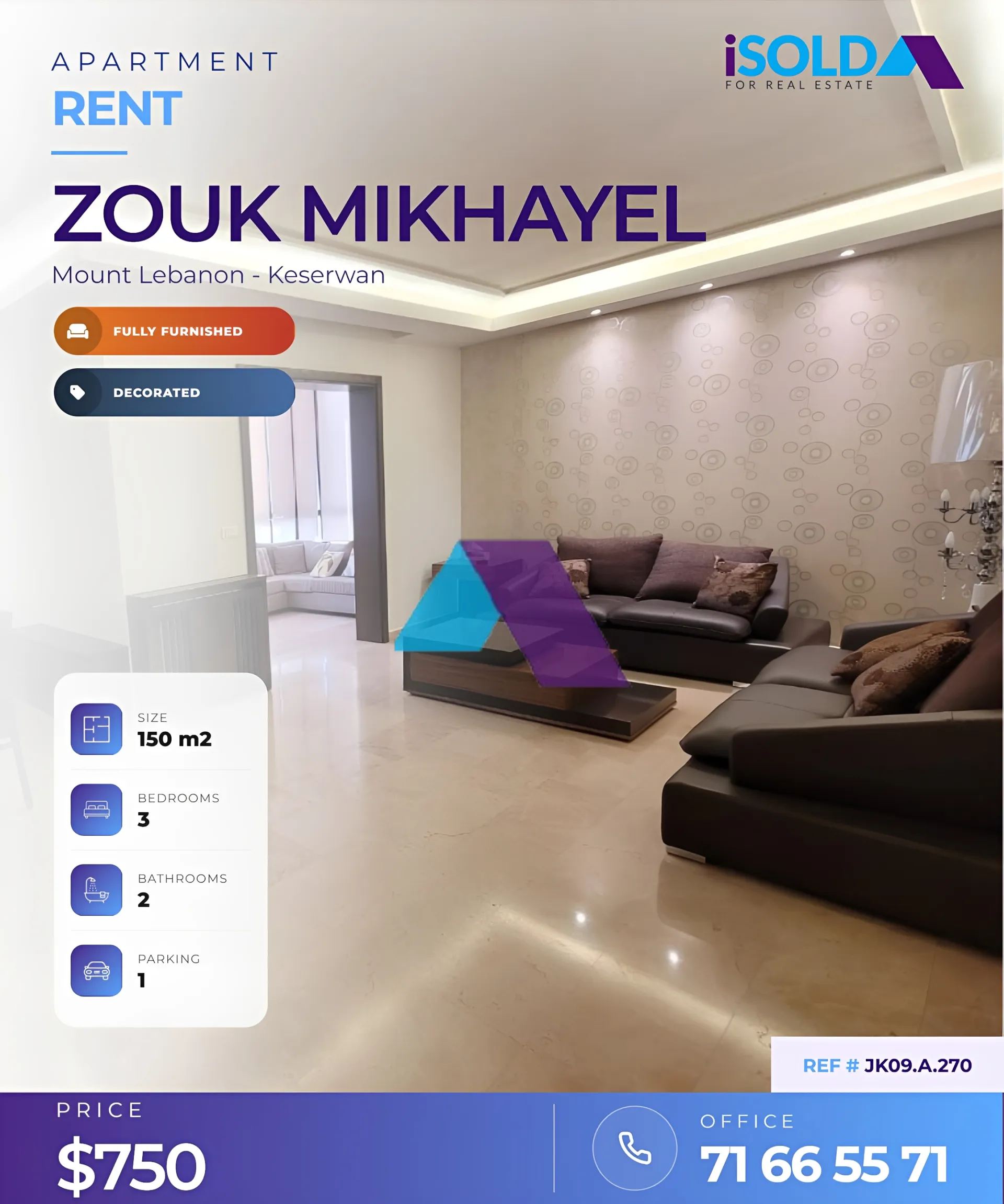 Apartment for rent in Zouk Mikael, Lebanon - 3 bed, 2 bath