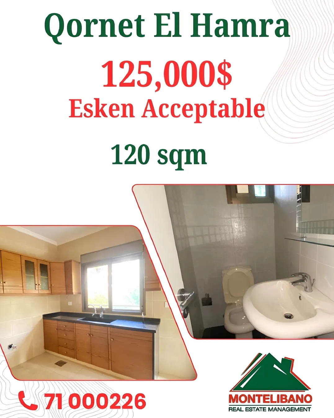 Apartment for sale in Qornet El Hamra, Lebanon - 2 bed, 2 bath