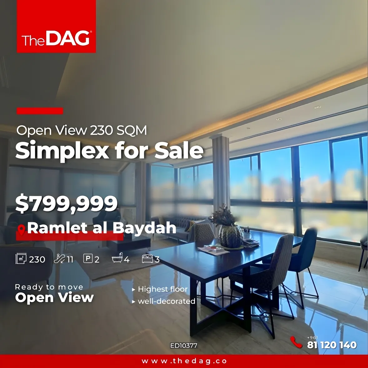 Apartment for sale in Ramlet El Baida, Bayrut, Lebanon - 3 bed, 4 bath