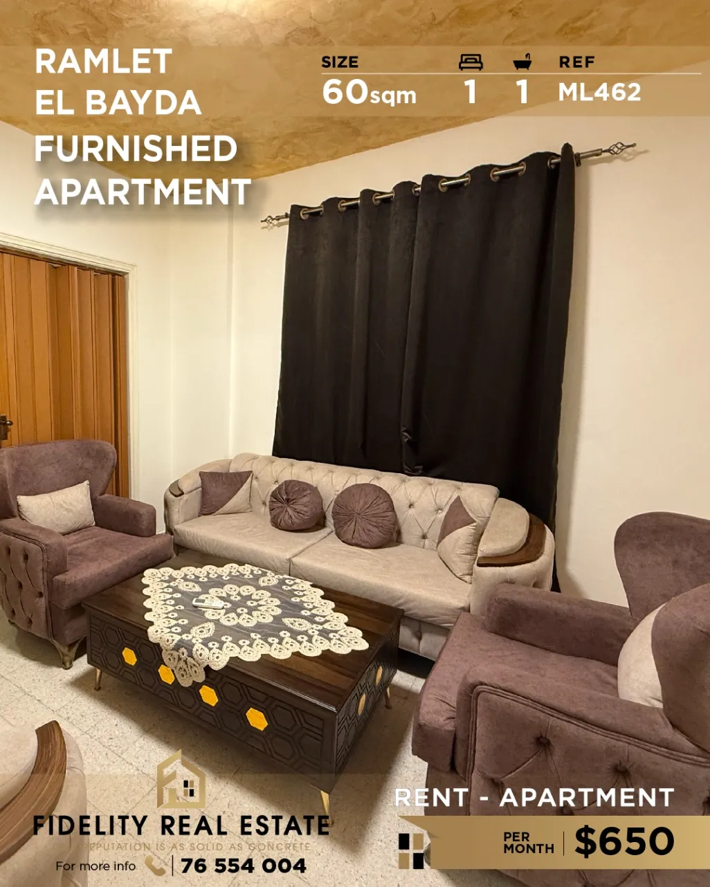 Apartment for rent in Ramlet El Baida, Bayrut, Lebanon