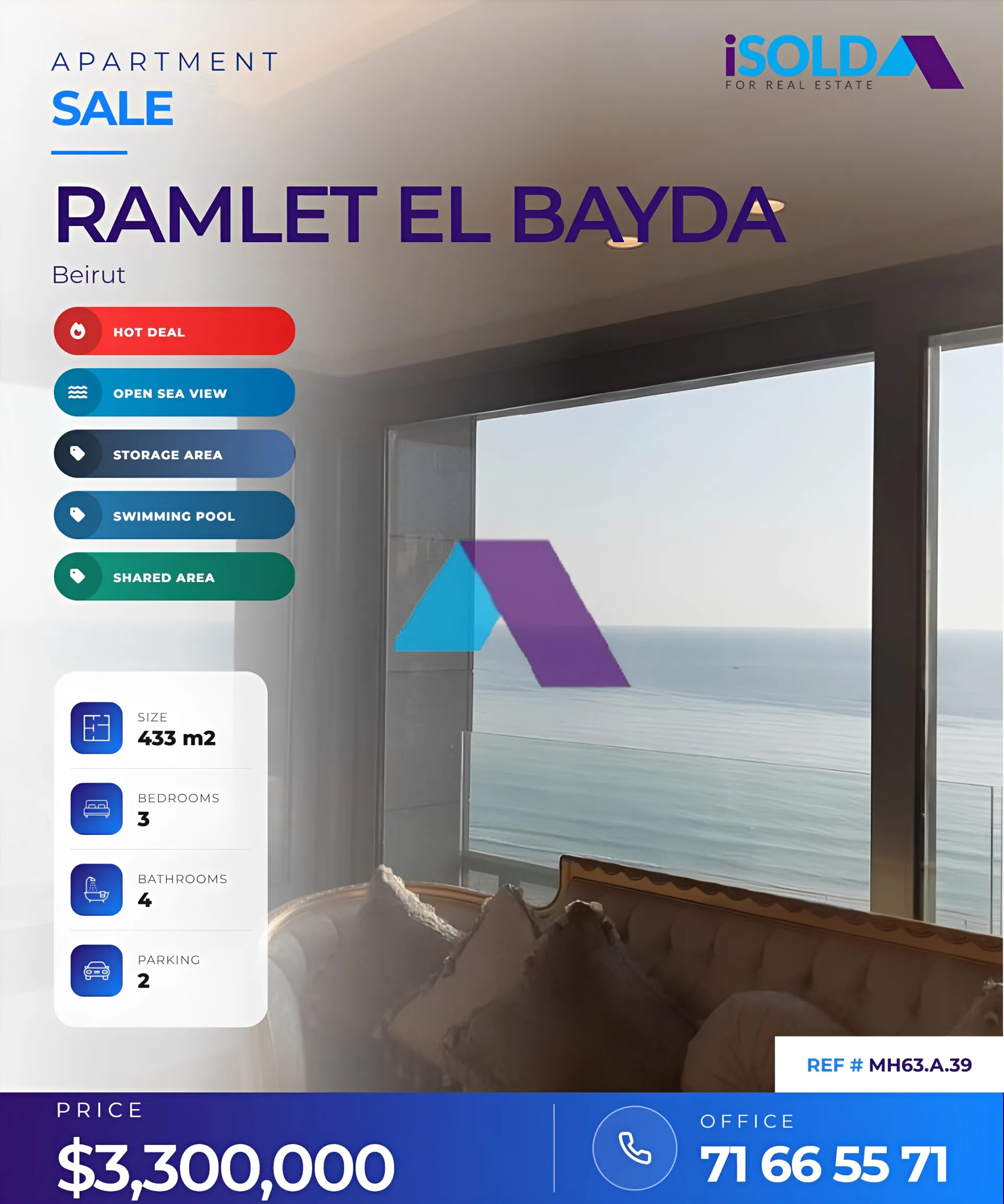 Apartment for sale in Ramleh Al Bayda, Beirut, Lebanon - 3 bed, 4 bath