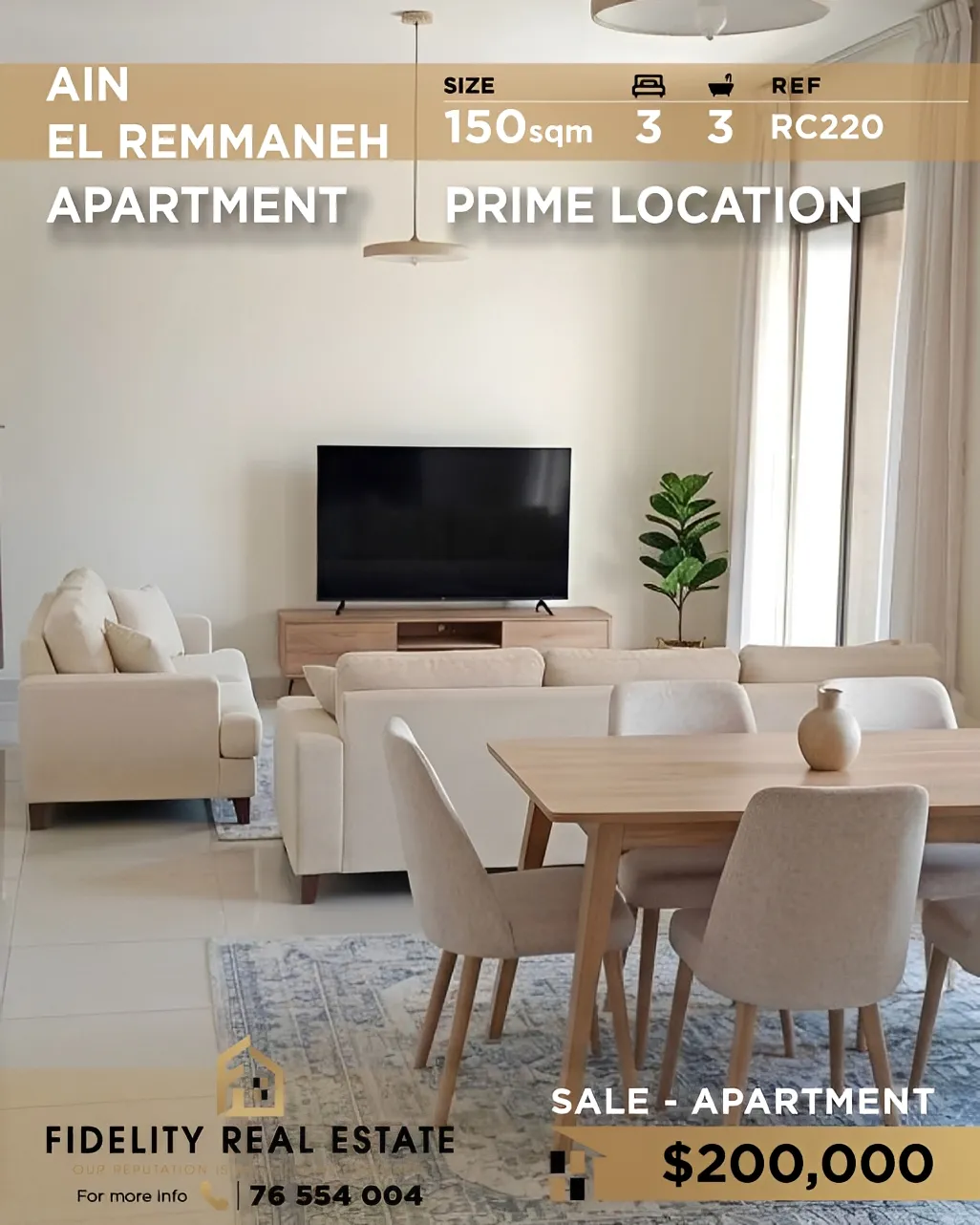 Apartment for sale in Ain El Remmaneh, Lebanon - 3 bed, 3 bath