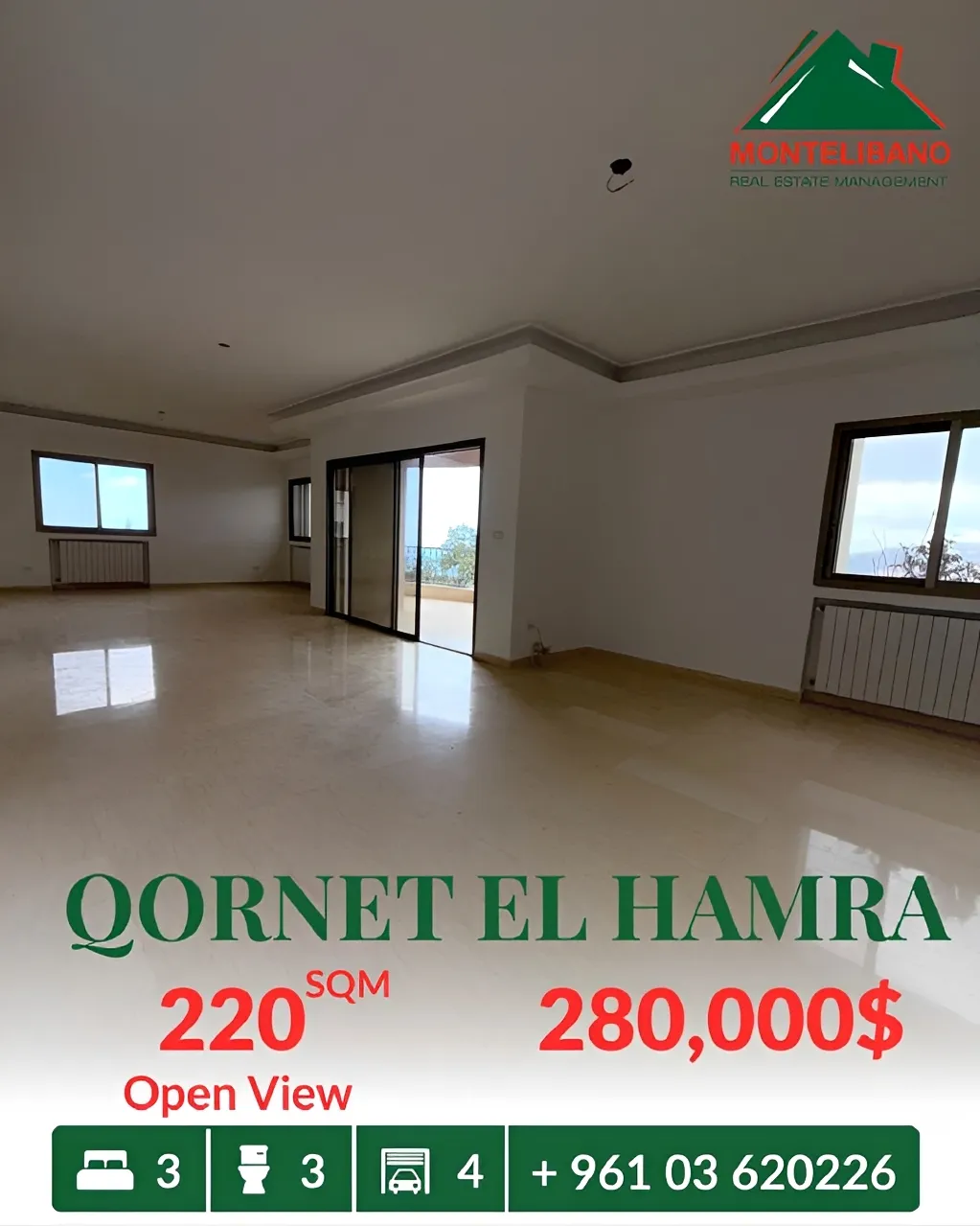 Apartment for sale in Qornet El Hamra, Lebanon - 3 bed, 3 bath