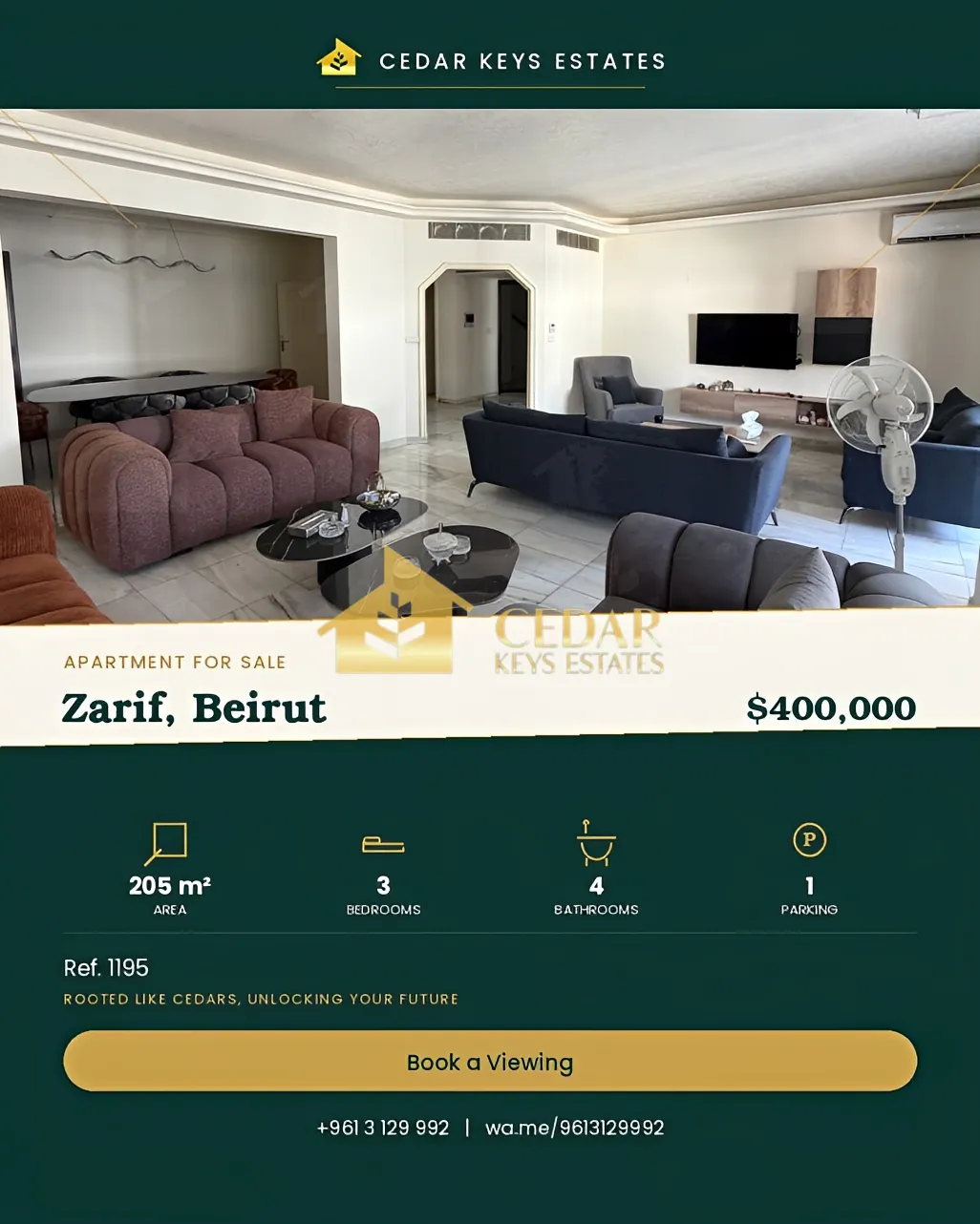 Apartment for sale in Al Zarif, Beirut, Lebanon