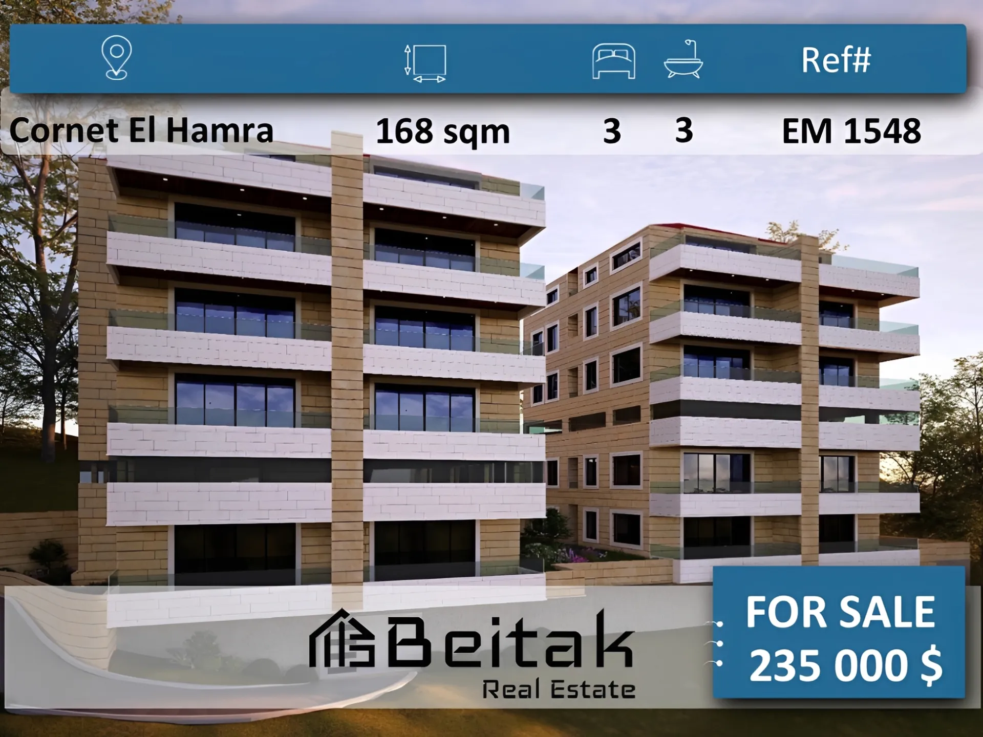 Apartment for sale in Qornet El Hamra, Lebanon - 3 bed, 3 bath