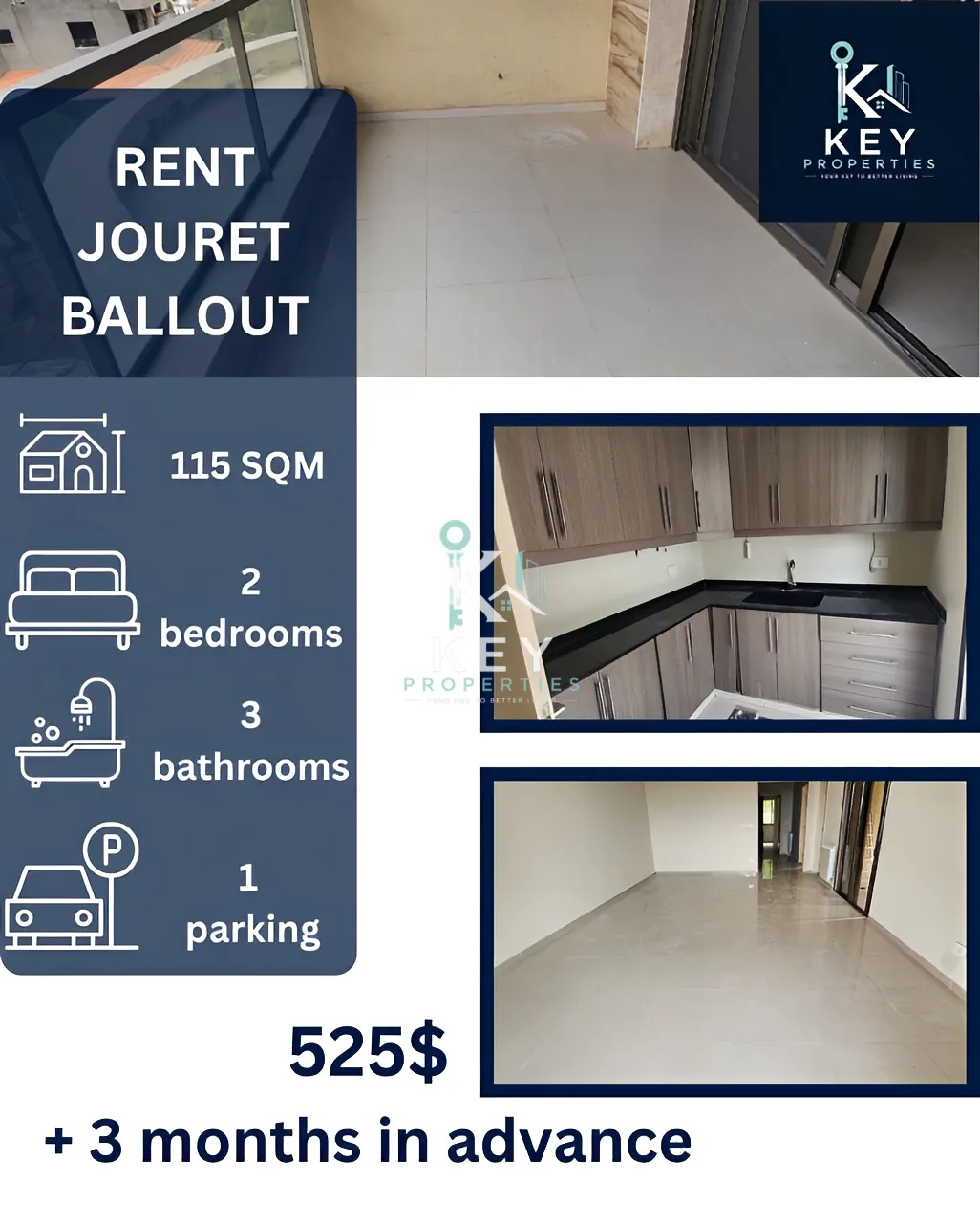 Apartment for rent in Jouret El Ballout, Lebanon - 2 bed, 3 bath