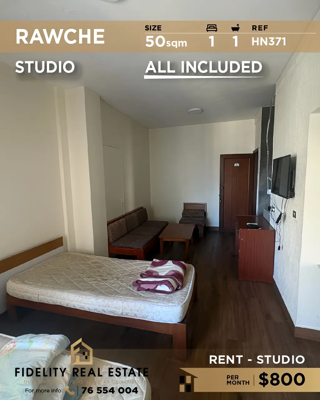 Studio for rent in Raoucheh, Beirut, Lebanon - 1 bed, 1 bath