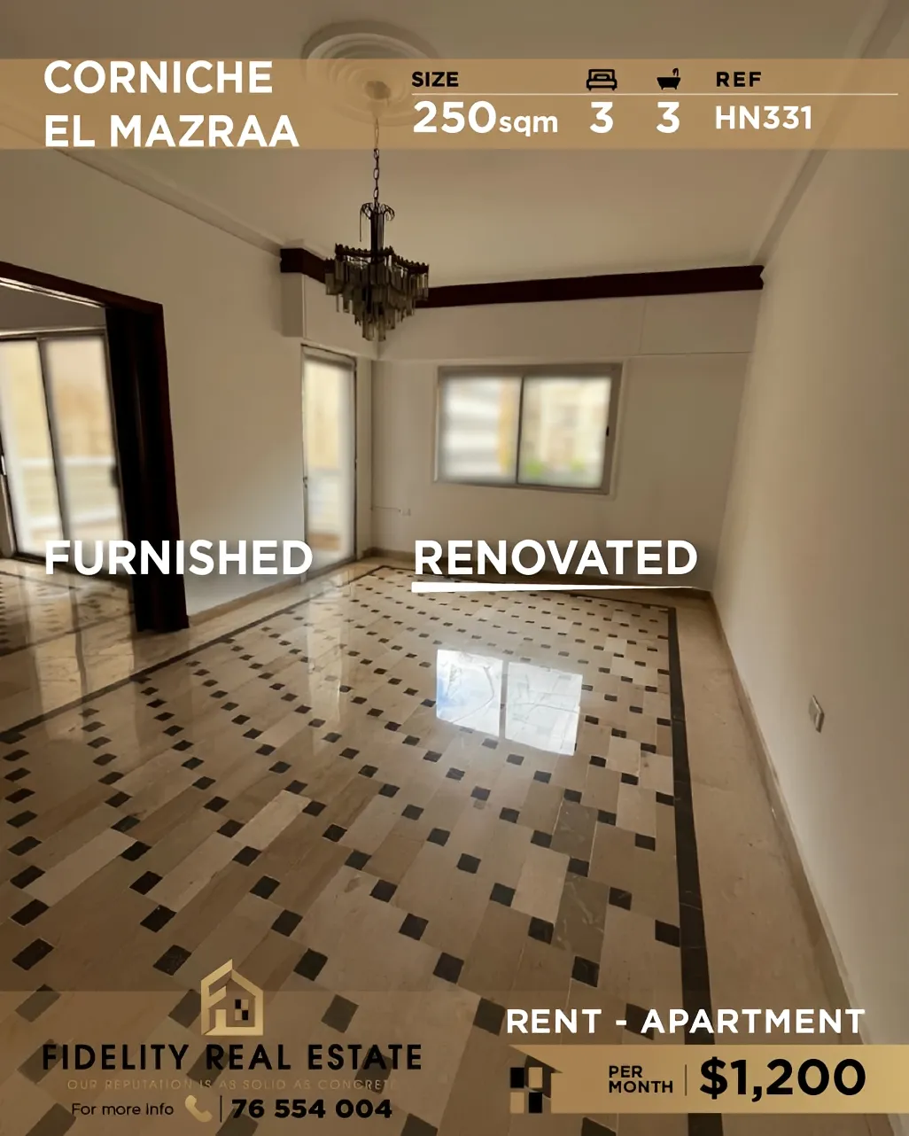 Apartment for rent in Corniche el Mazraa, Beirut - 3 bed, 3 bath