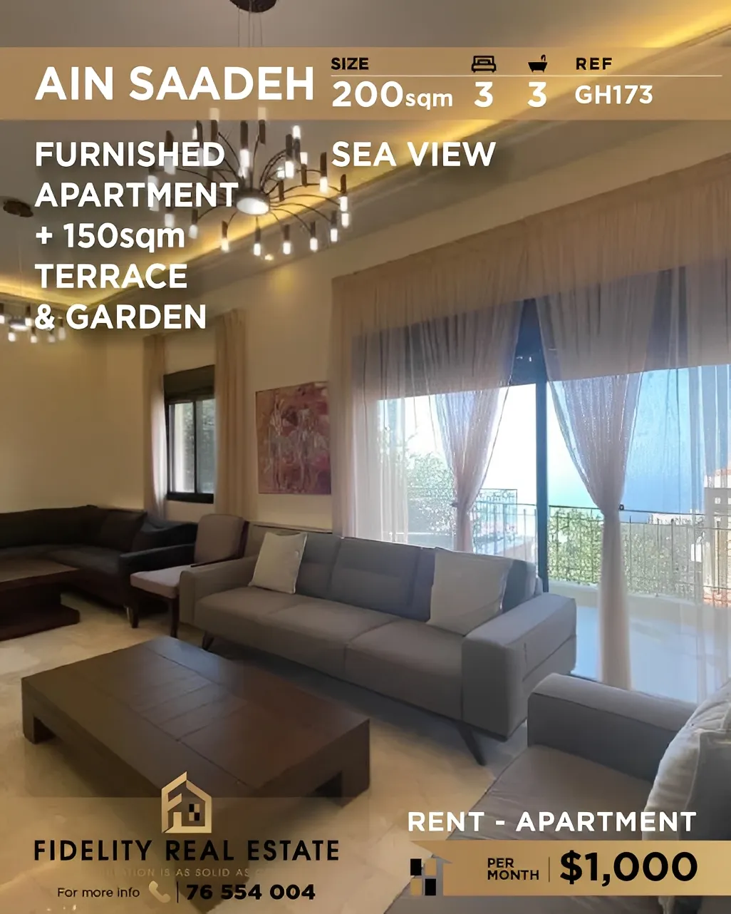 Apartment for Rent in Ain Saadeh, Lebanon - 3 bed, 3 bath
