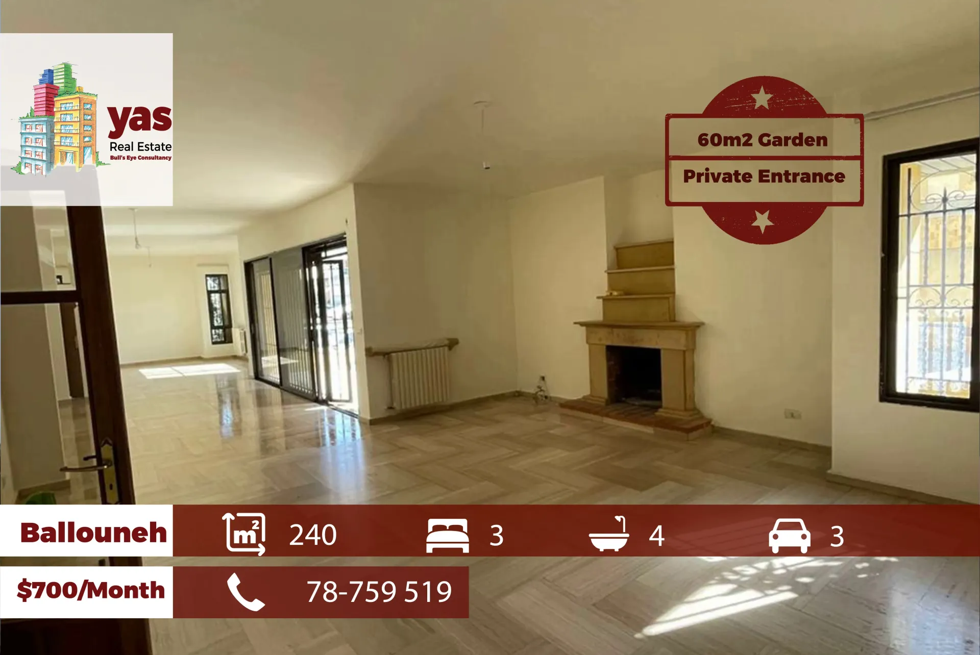 Apartment for Rent in Ballouneh - 3 bed, 4 bath