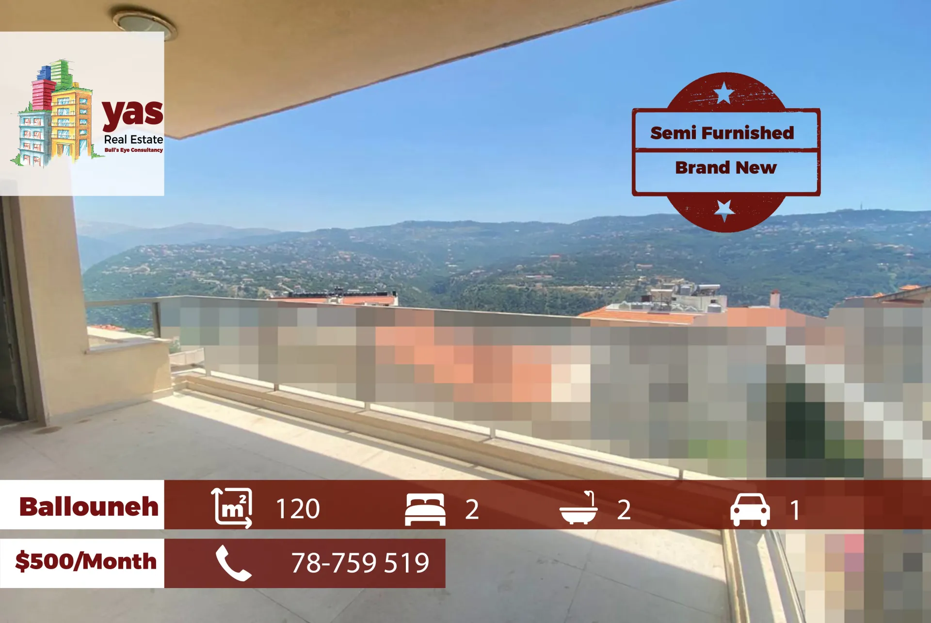 Apartment for Rent in Ballouneh - 2 bed, 2 bath