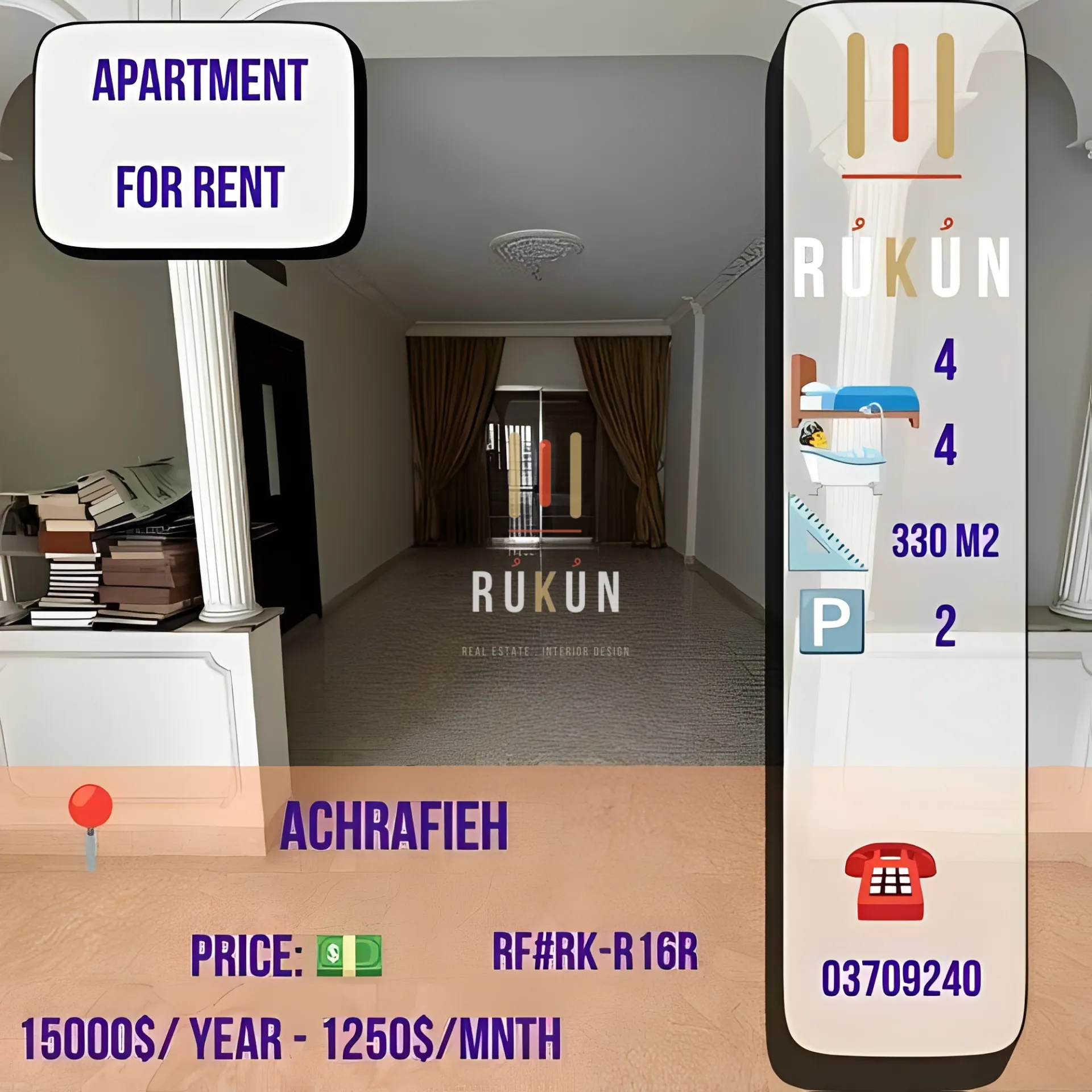 Apartment for rent in Achrafieh, Beirut, Lebanon - 4 bed, 4 bath