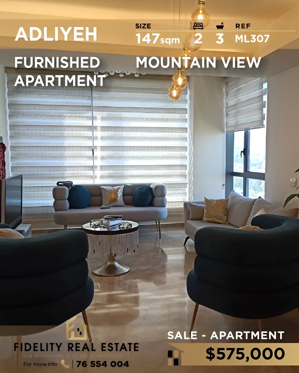 Apartment for sale in Adliyeh, Beirut, Lebanon - 2 bed, 3 bath