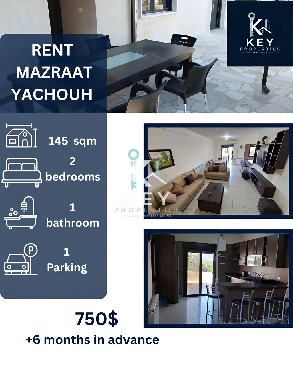 Apartment for rent in Mazraat Yachoua, Lebanon - 2 bed, 1 bath