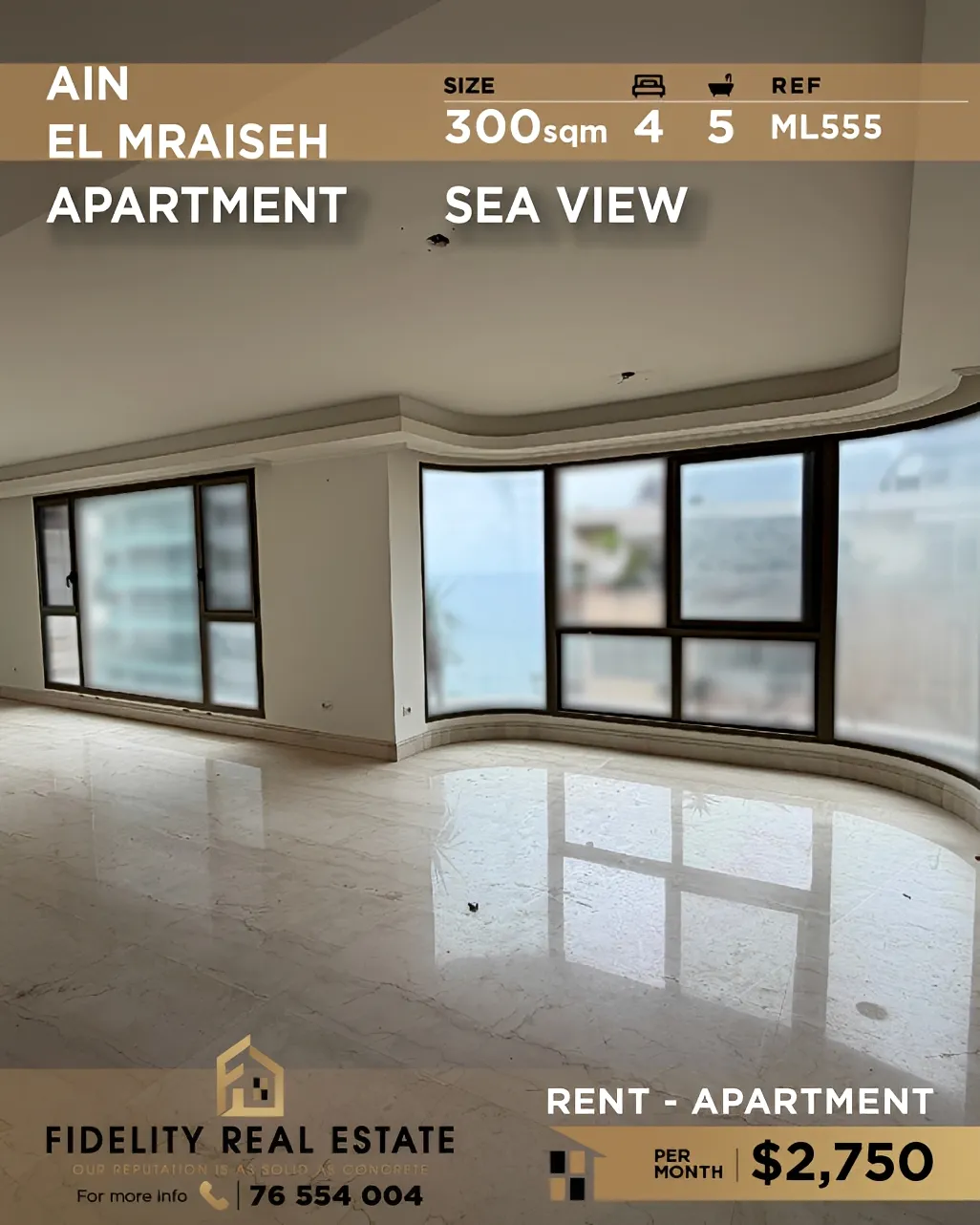 Apartment for rent in Ain El Mraiseh, Bayrut, Lebanon - 4 bed, 5 bath