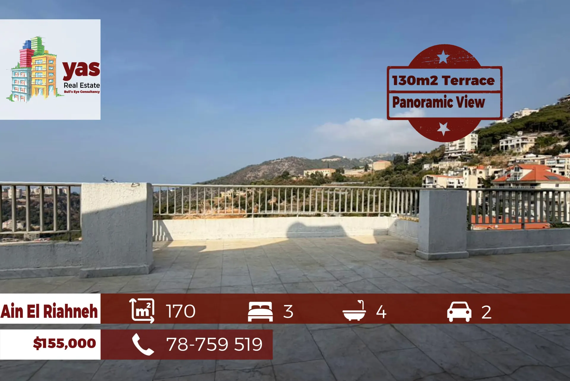 Apartment for Sale in Ain El Rihaneh - 3 bed, 4 bath