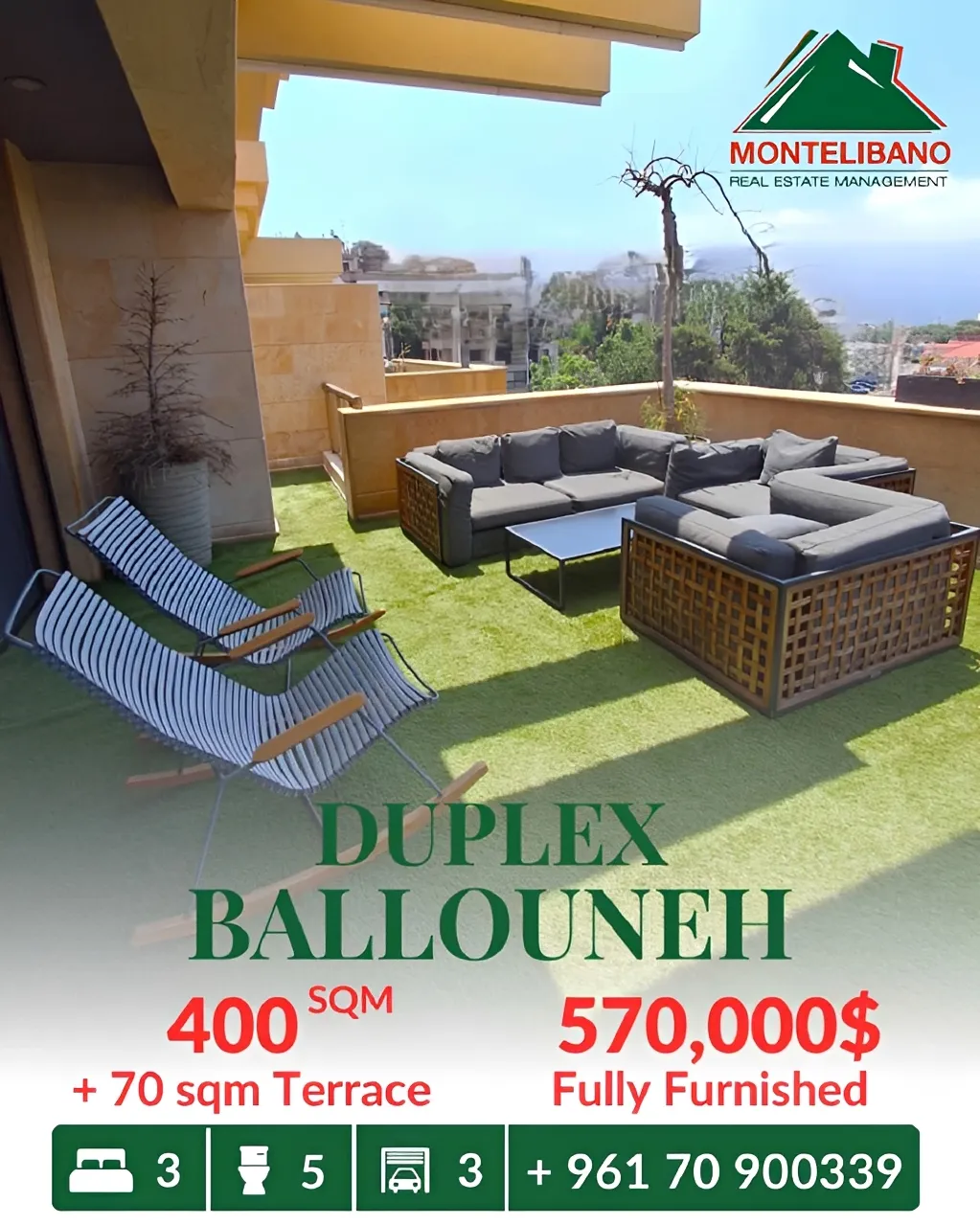 Duplex for sale in Ballouneh, Lebanon - 3 bed, 5 bath
