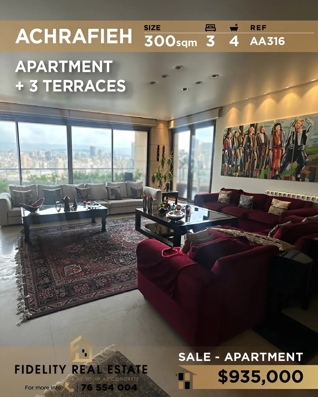 Apartment for sale in Achrafieh, Beirut, Lebanon - 3 bed, 4 bath