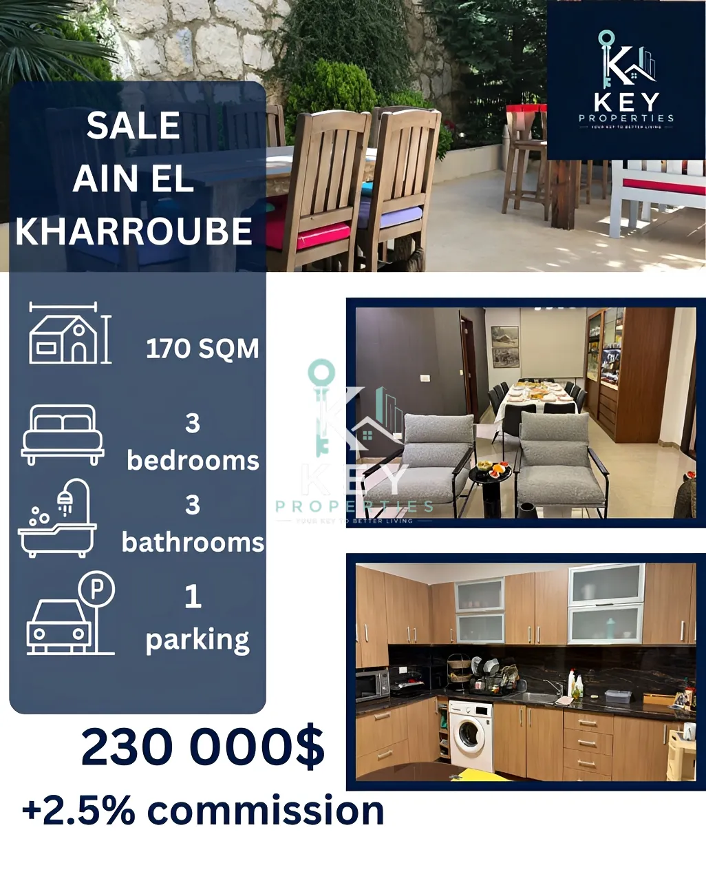 Apartment for sale in Ain El Kharroube, Lebanon - 3 bed, 3 bath