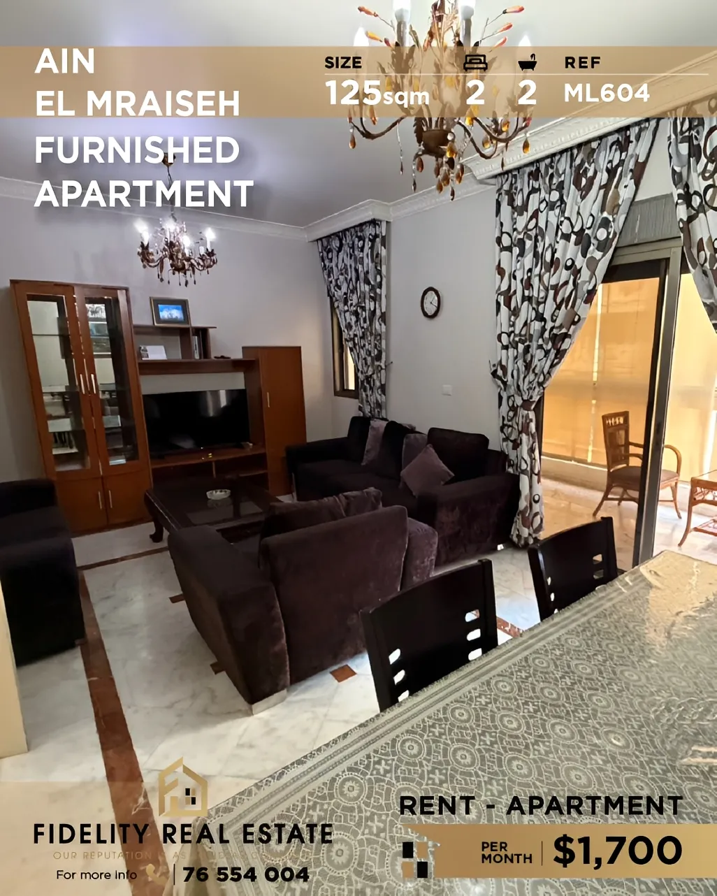Apartment for rent in Ain Al Mraiseh, Beirut, Lebanon - 2 bed, 2 bath