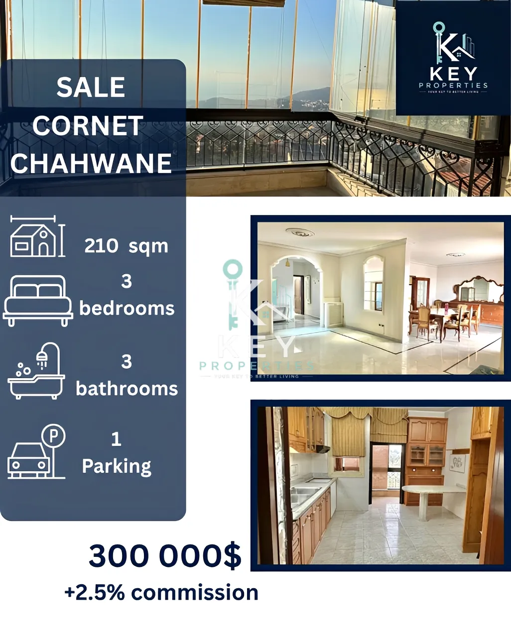 Apartment for sale in Cornet Chahwan, Lebanon - 2 bed, 3 bath