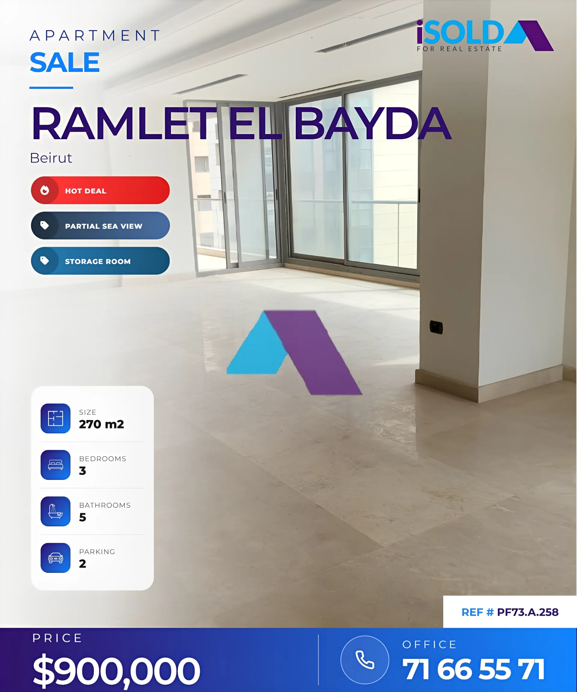 Apartment for sale in Ramlet El Baida, Beirut, Lebanon - 3 bed, 5 bath