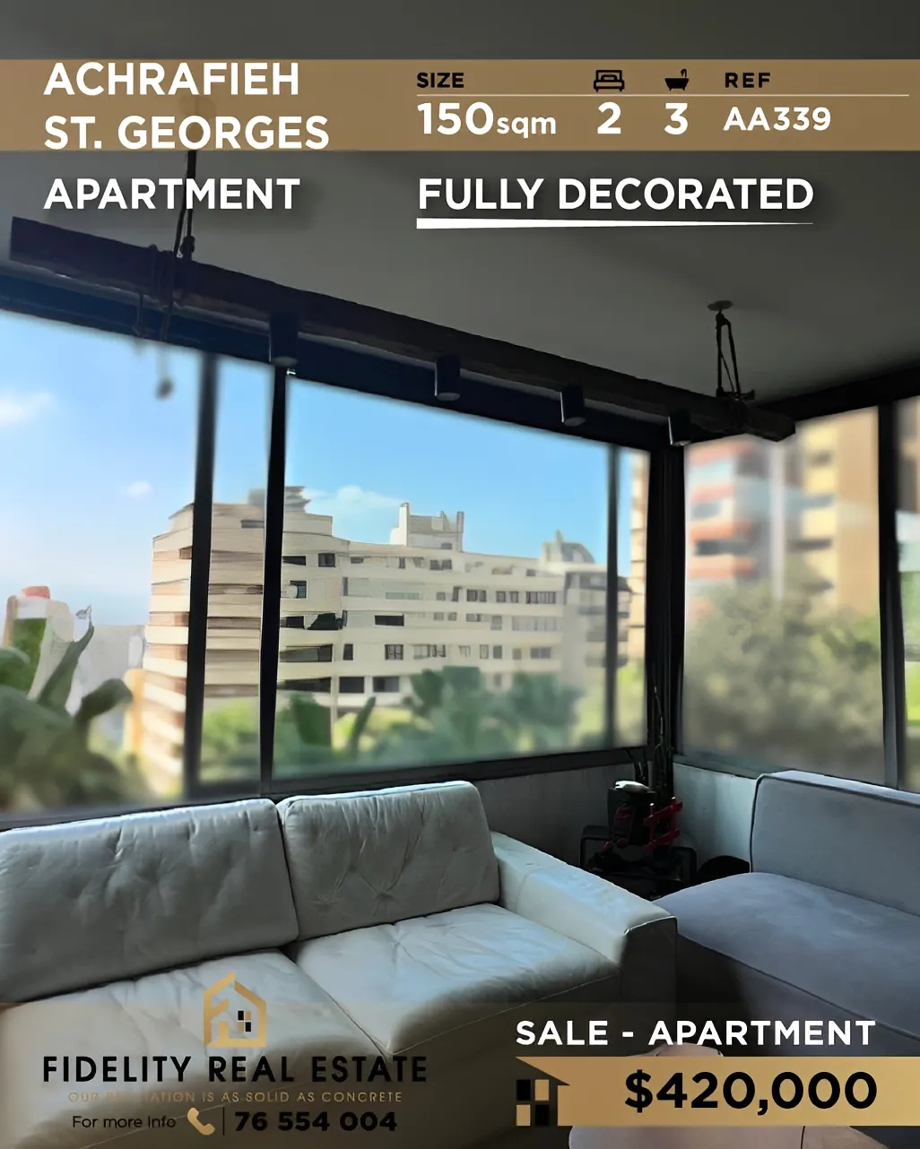 Apartment for sale in Achrafieh, Beirut, Lebanon - 2 bed, 3 bath