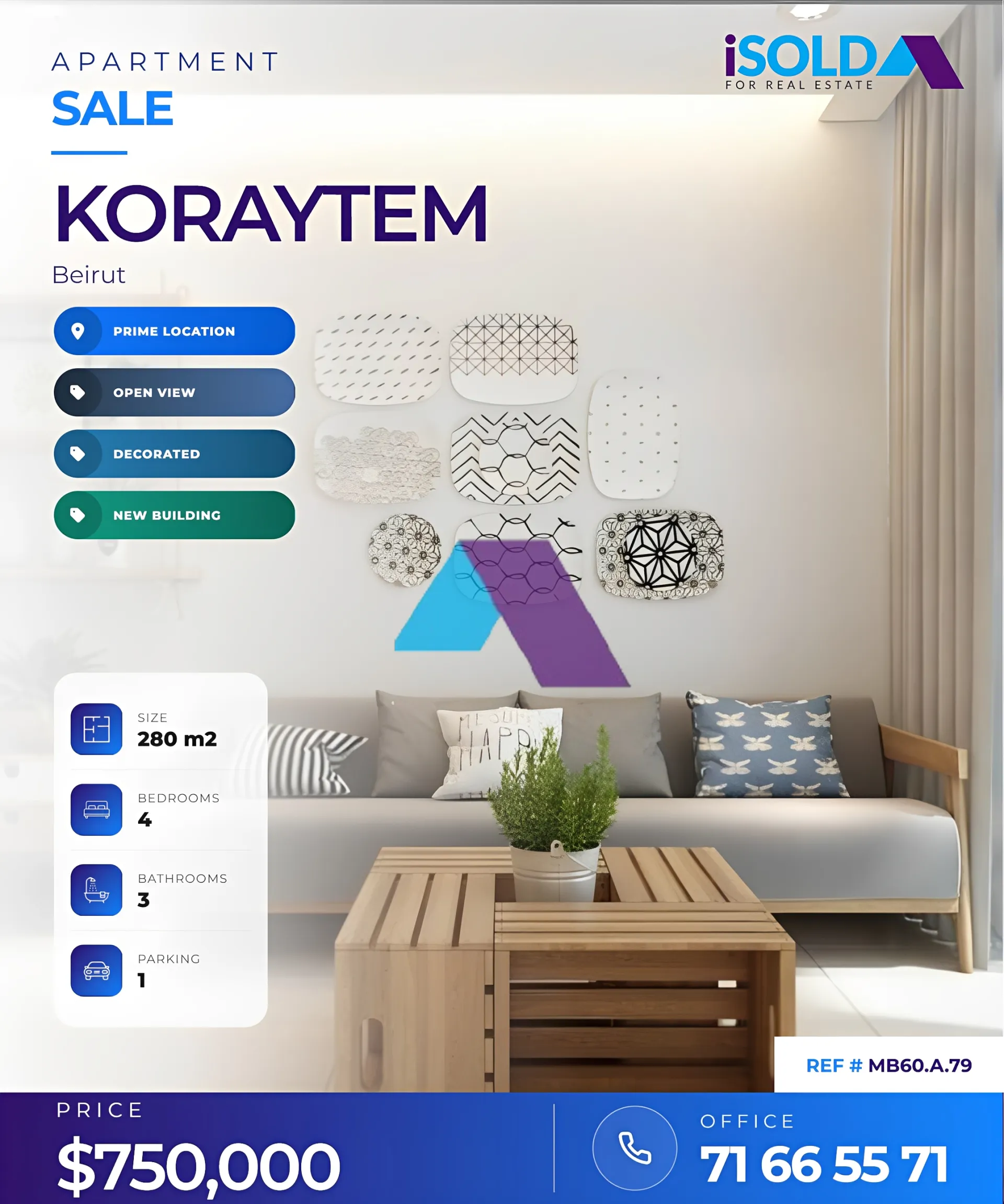 Apartment for sale in Kraytem, Beirut, Lebanon - 4 bed, 3 bath