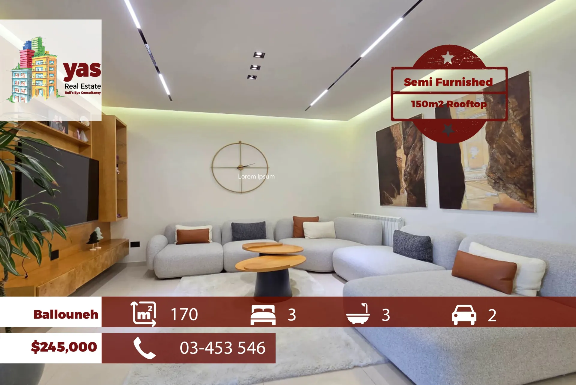 Apartment for Sale in Ballouneh - 3 bed, 3 bath