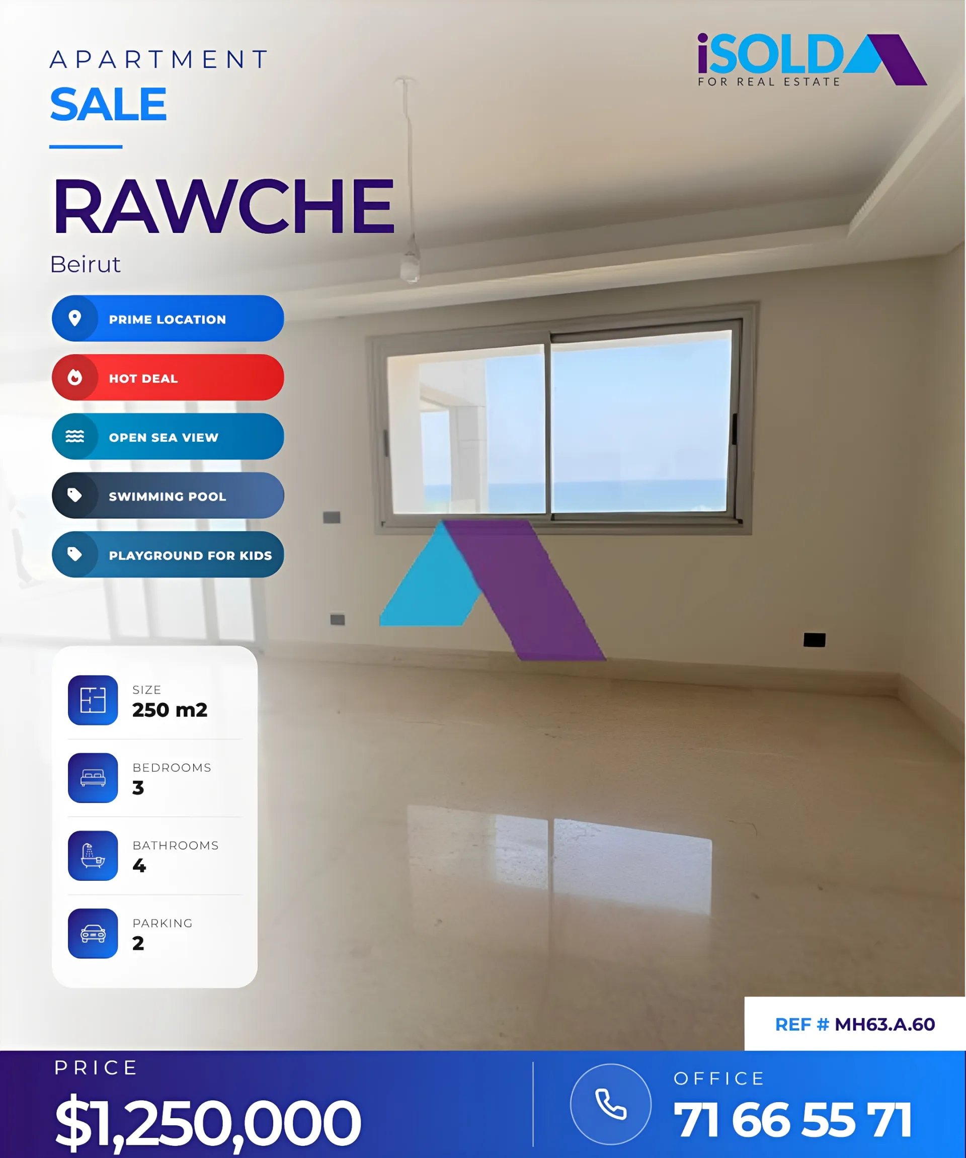 Apartment for Sale in Raoucheh - 3 bed, 4 bath
