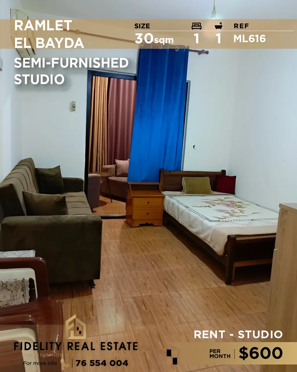 Studio for rent in Ramleh Al Bayda, Beirut, Lebanon