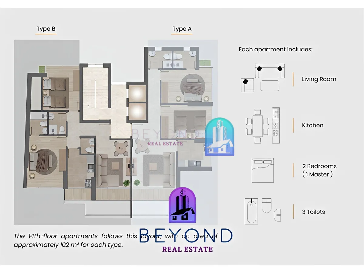 Apartment for sale in Achrafieh, Beirut, Lebanon - 2 bed, 3 bath